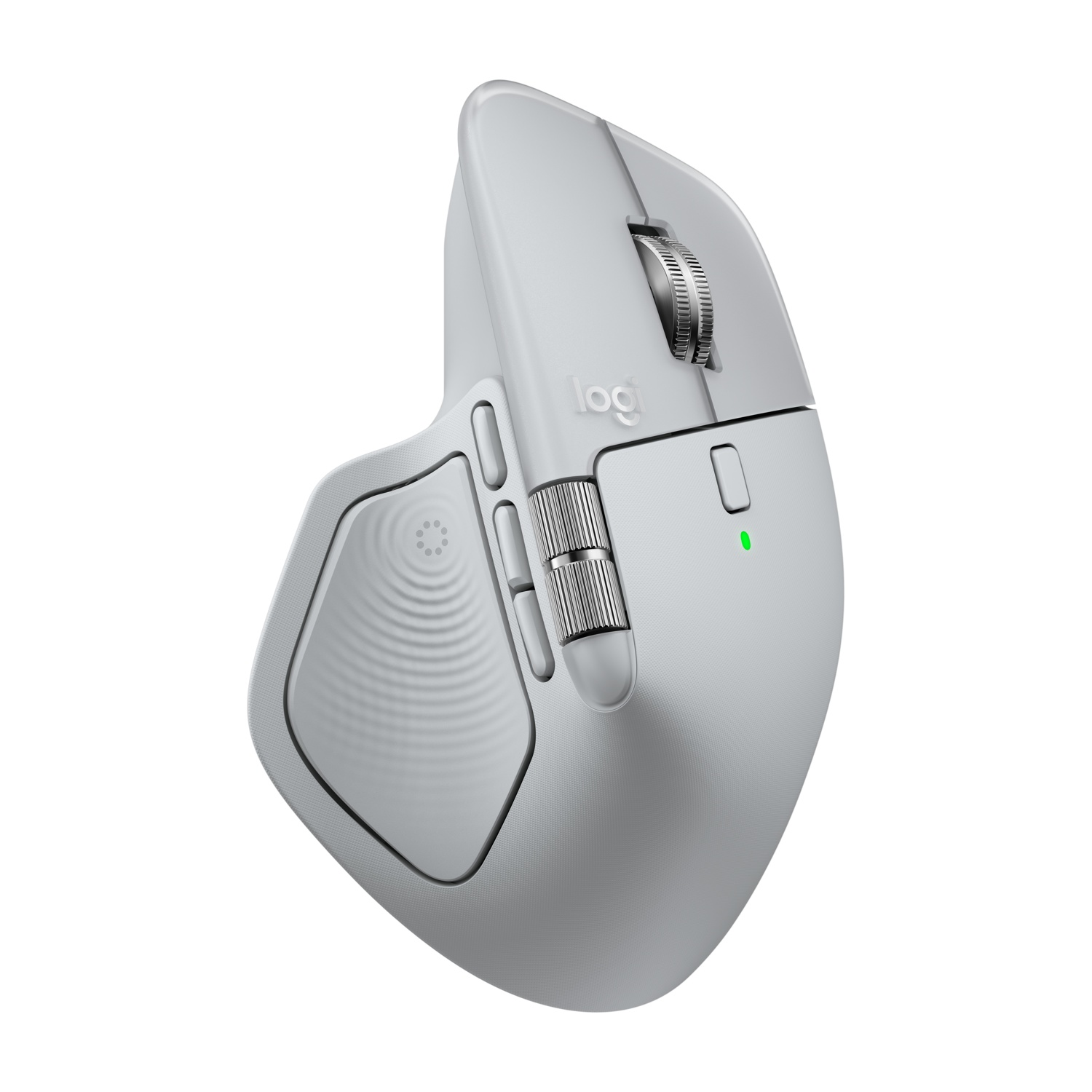 Un mouse Logitech MX Master 3S bianco. Include rotelle, pulsanti e un supporto per il pollice. Il mouse ha un indicatore di alimentazione verde.