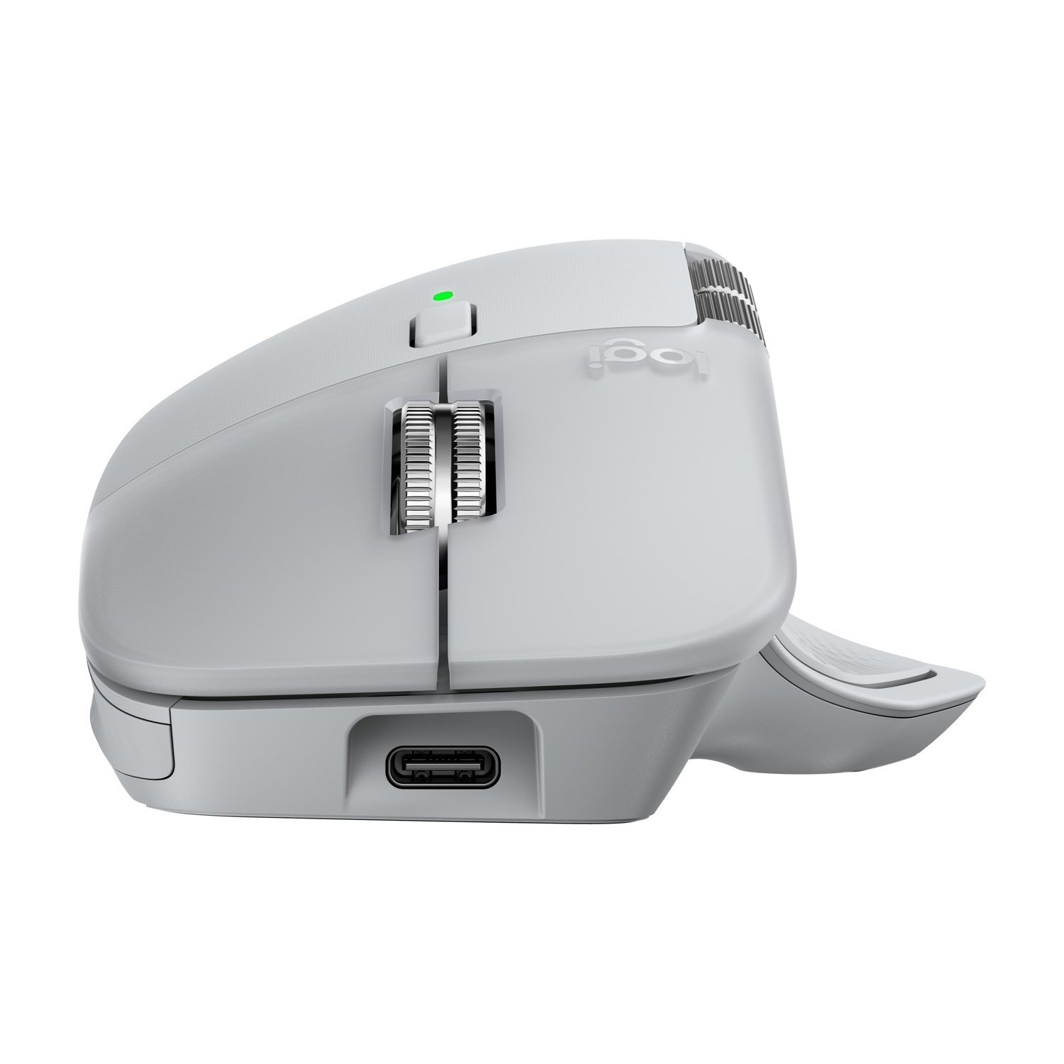 Un mouse per computer ergonomico grigio chiaro. Ha una rotella di scorrimento, un supporto per il pollice e una porta USB-C. Il logo Logitech è visibile.