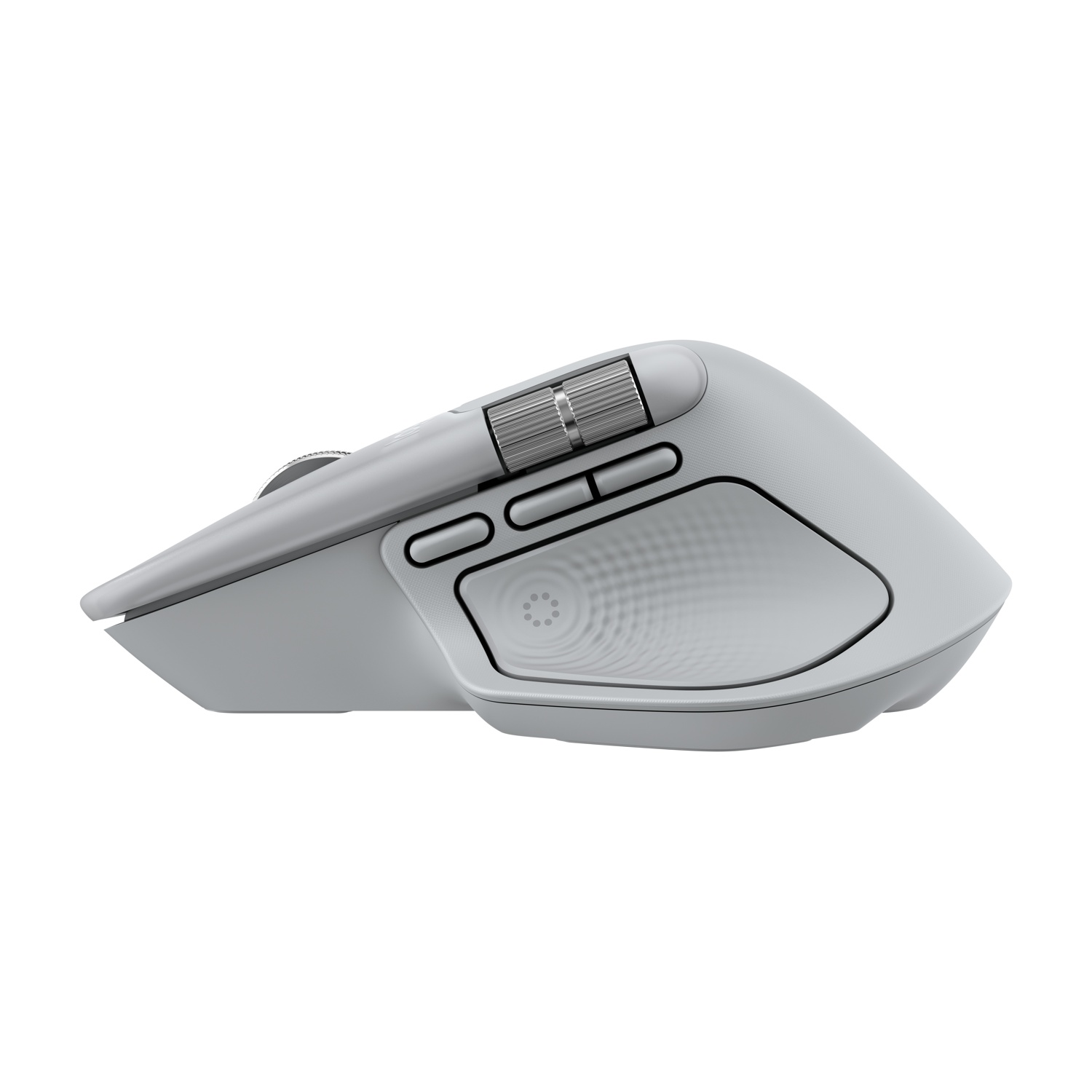 Un mouse wireless grigio chiaro su sfondo bianco. Ha diversi pulsanti, una rotella di scorrimento e un'area strutturata per il pollice.