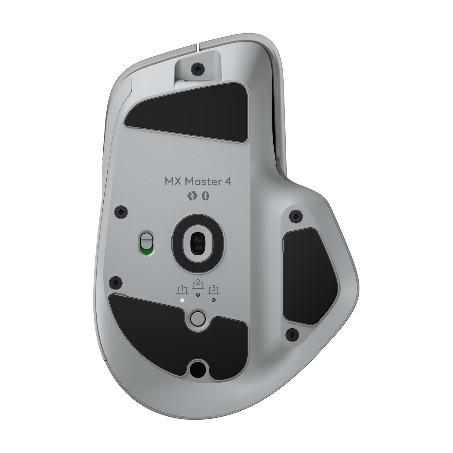 Vista inferiore di un mouse Logitech MX Master 4 grigio chiaro. Ha cuscinetti neri, viti e un pulsante di accensione con luce verde.