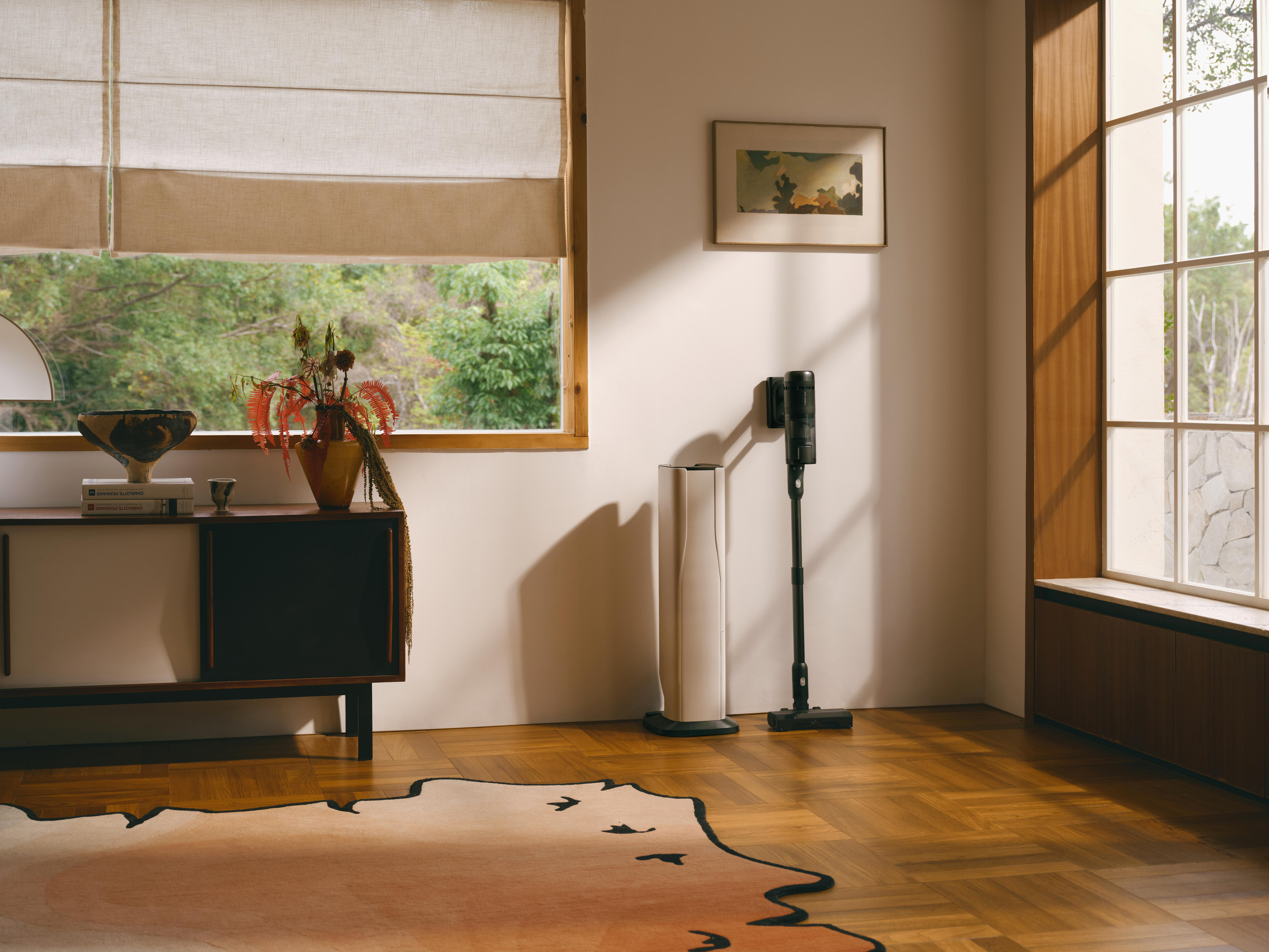 Wohnzimmer mit Teppich, Staubsauger, Fenster und Schrank. Deko-Artikel und ein Gemälde sind ebenfalls sichtbar.