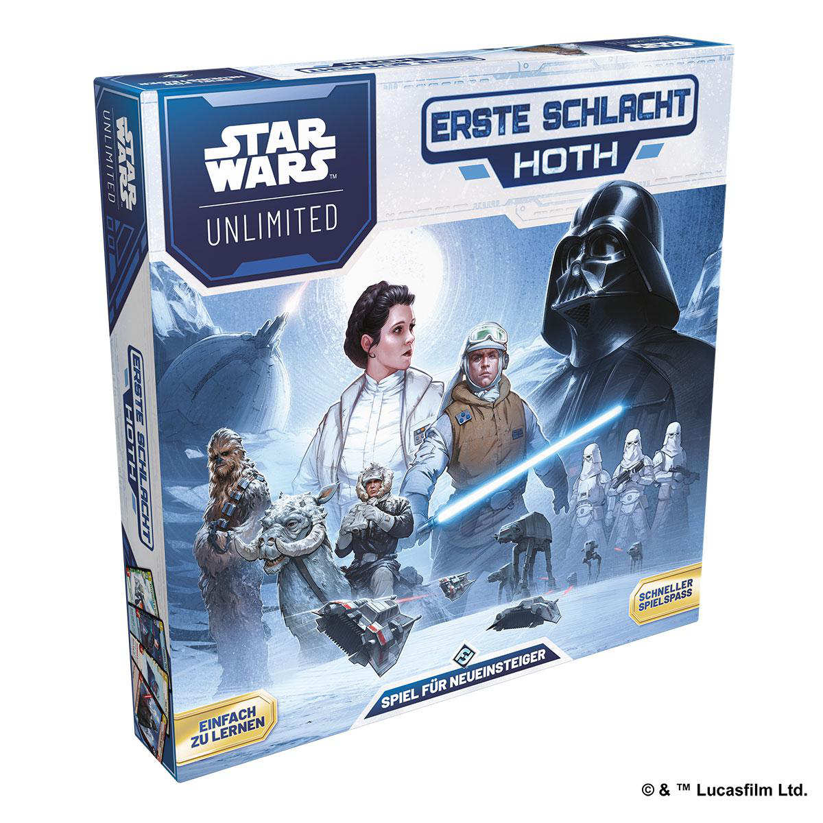 Star Wars: Unlimited Spielbox. Enthält Charaktere wie Darth Vader, Leia und Chewbacca. Die Box ist blau, weiß und schwarz.