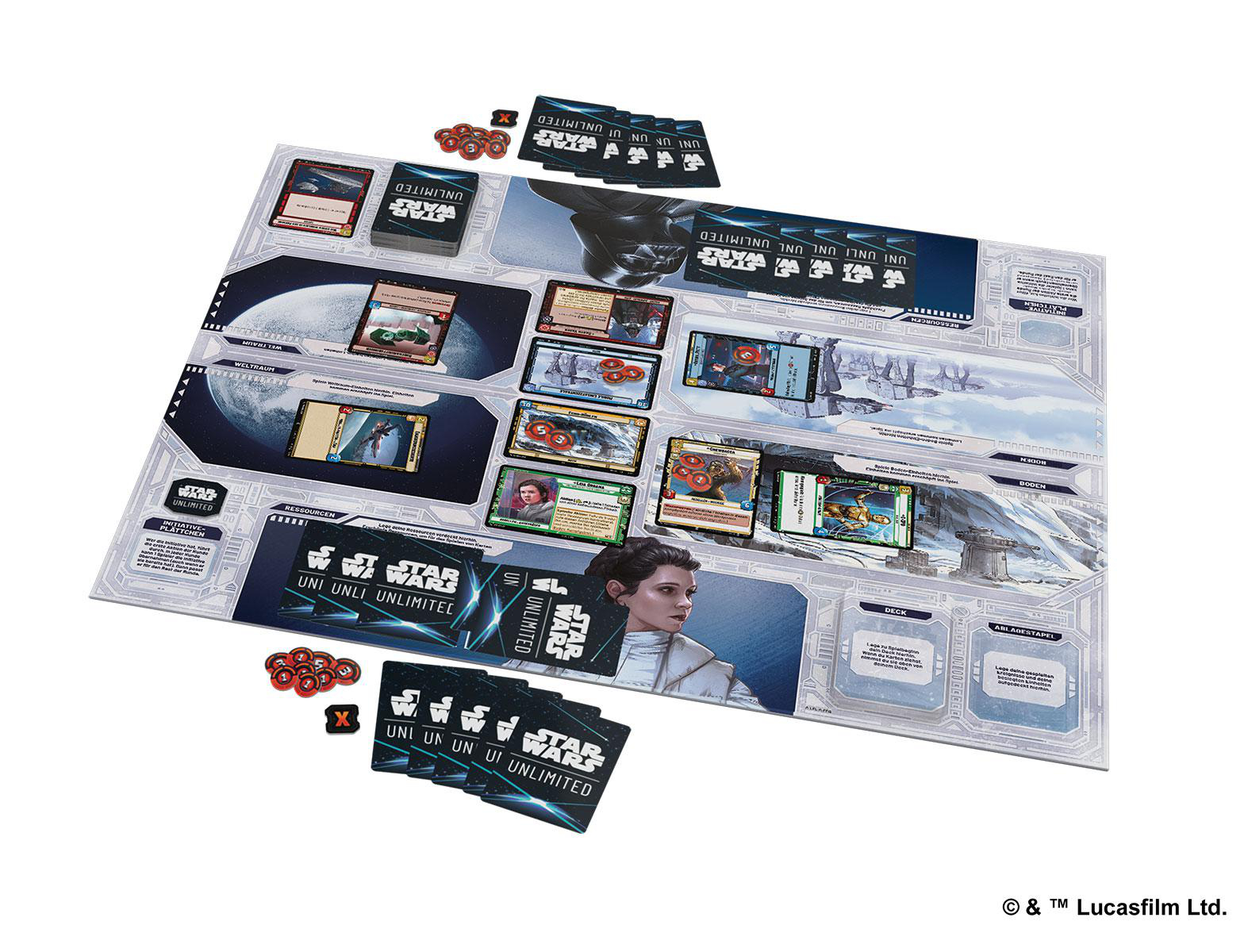 Ein Star Wars-Brettspiel wird gezeigt, mit Karten, Spielsteinen und Charakterbildern auf einem Spielbrett mit weißem Hintergrund.