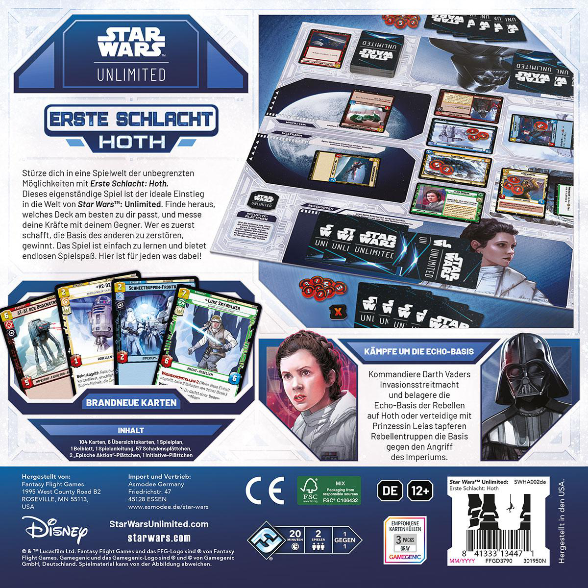 Star Wars: Unlimited-Brettspielbox. Enthält Charaktere wie Darth Vader und Prinzessin Leia, Karten und Spieldetails.