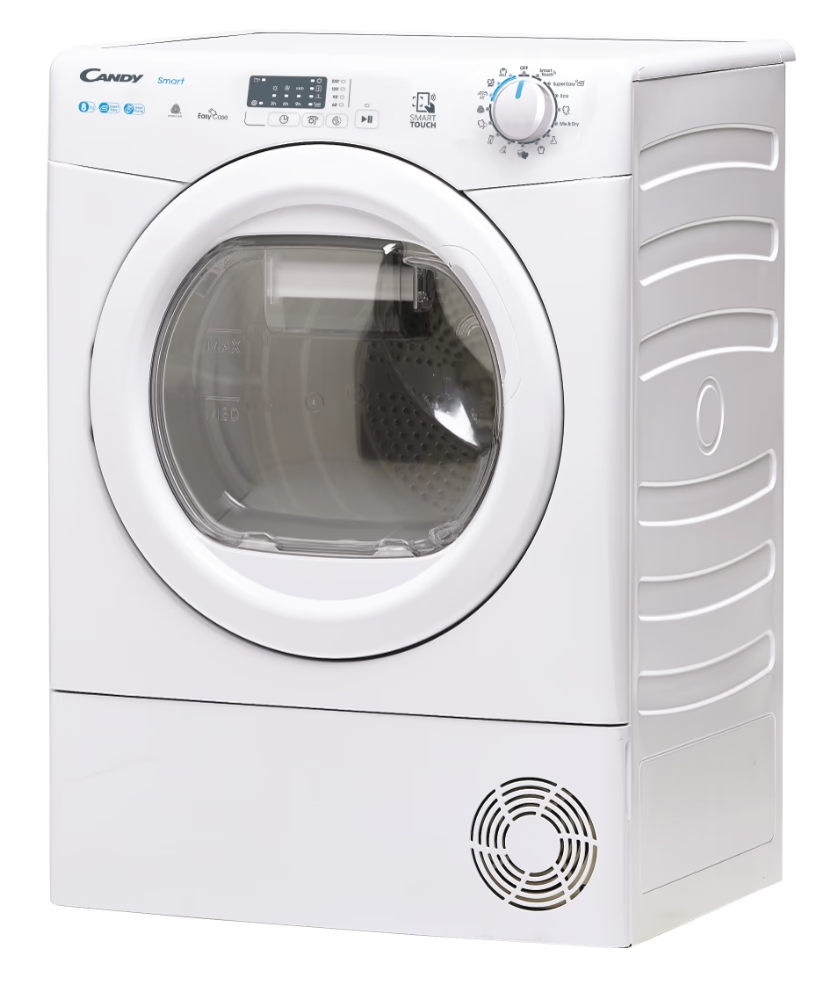 Fehér Candy Smart szárítógép. Kerek ajtaja, vezérlőpanelje és ventilátora van. Fehér háttér előtt.