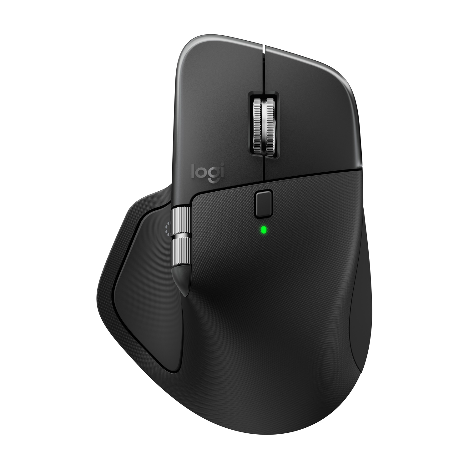 Un mouse nero Logitech MX Master 3. Ha diversi pulsanti e una rotella di scorrimento. Una luce verde è accesa. Lo sfondo è bianco.