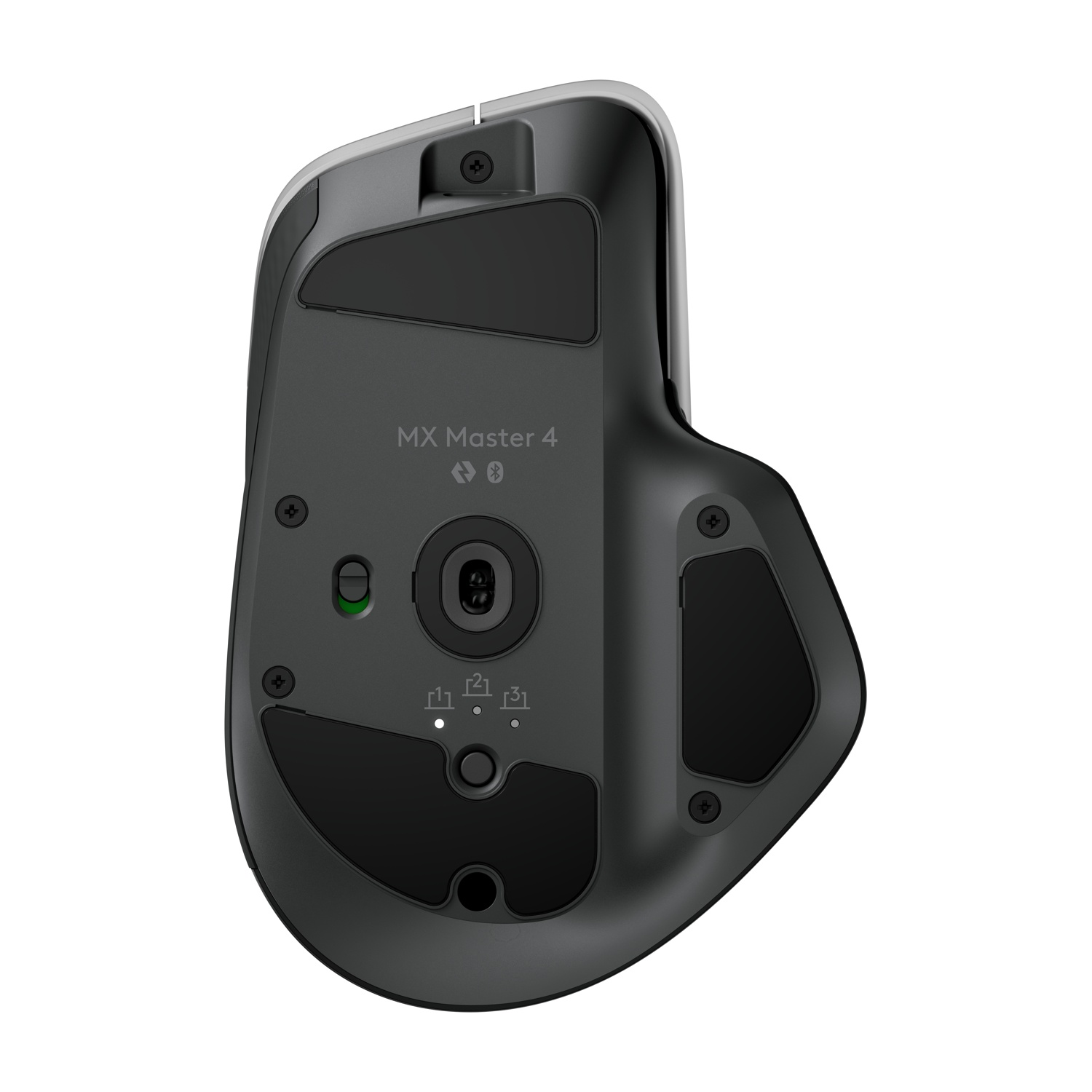 Un mouse Logitech MX Master 4 nero e grigio, vista dal basso. Ha l'etichetta 'MX Master 4' e diversi pulsanti e interruttori.
