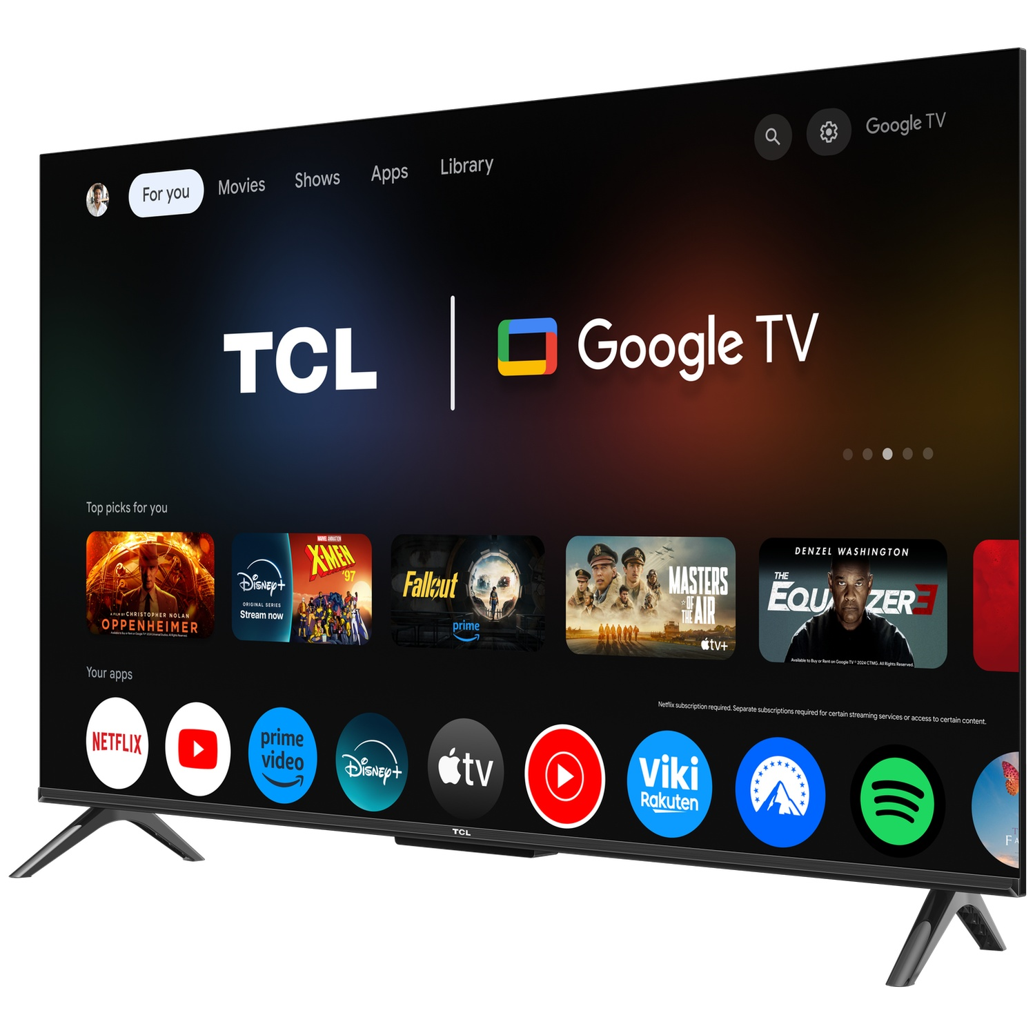 Un téléviseur TCL Google affiche des applications et des films. L'écran affiche le logo TCL, Google TV et diverses icônes de service.