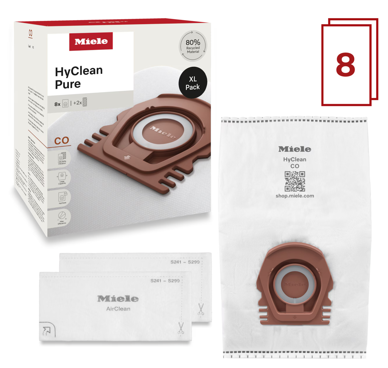 Gezeigt wird eine Miele Staubsaugerbeutelpackung. Sie enthält Beutel, Filter und eine Box mit Produktinformationen.