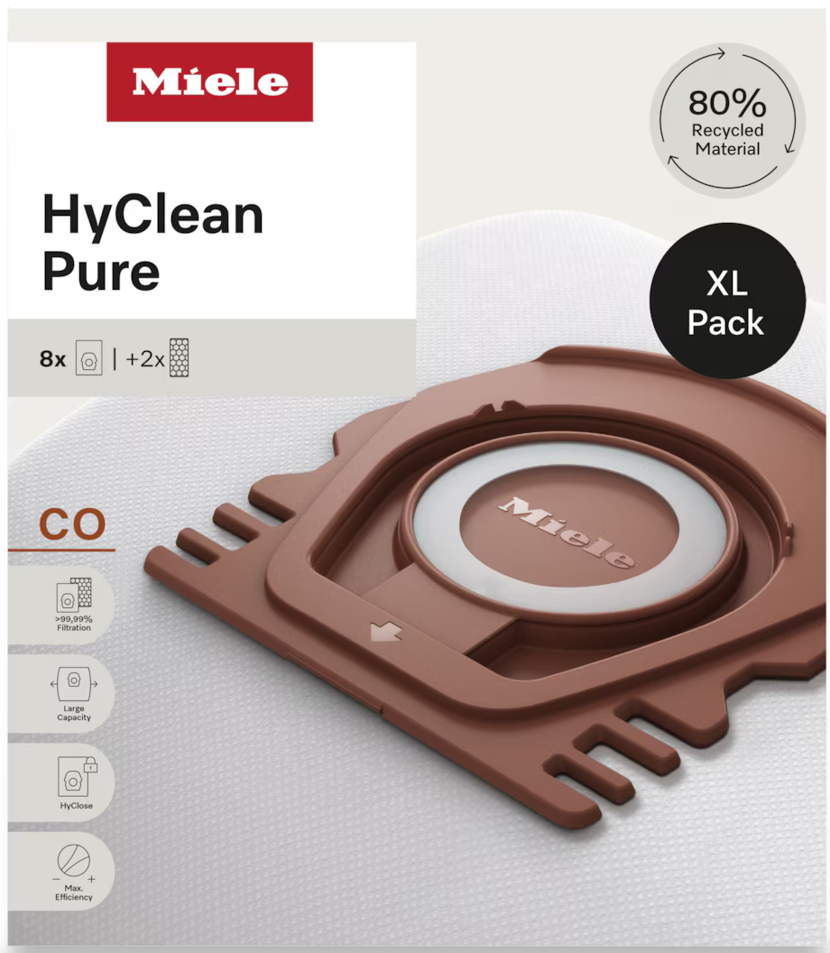 Miele HyClean Pure Staubsaugerbeutelpackung. Braune Tasche mit weißem Innenraum. Zeigt XL-Packung, 80 % recyceltes Material und Icons.