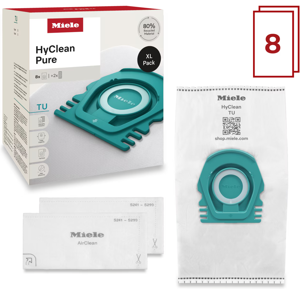 Eine Miele HyClean Pure Staubsaugerbeutelpackung, ein zusätzlicher Beutel und zwei AirClean-Filter werden angezeigt.