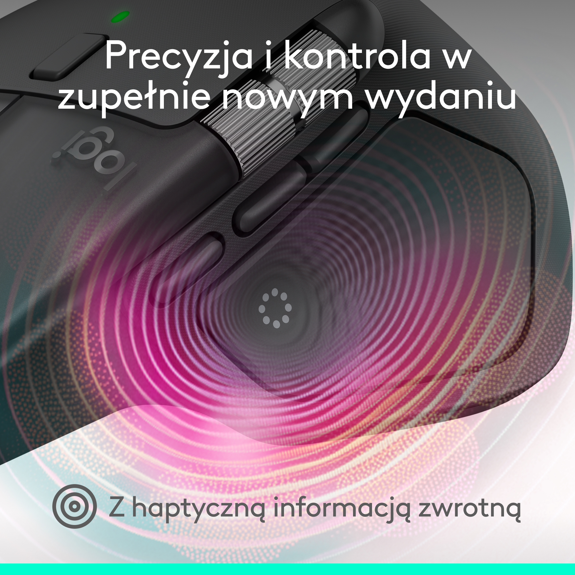 Zbliżenie czarnej myszy komputerowej z różowo-białym wirującym wzorem i polskim tekstem.