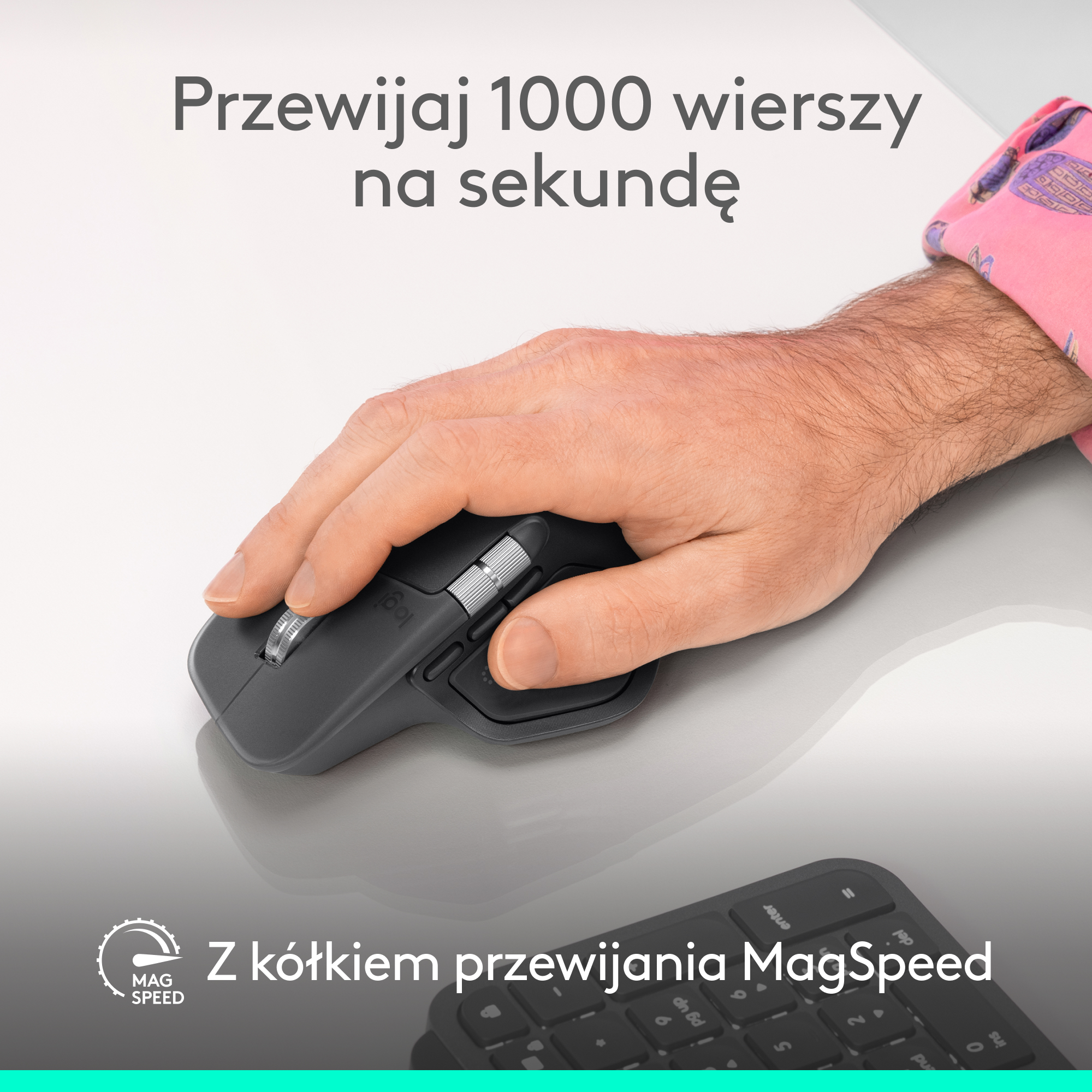 Dłoń używająca myszy Logitech w kolorze ciemnoszarym z kółkiem przewijania MagSpeed. Tekst: 'Przewijaj 1000 linii na sekundę'.