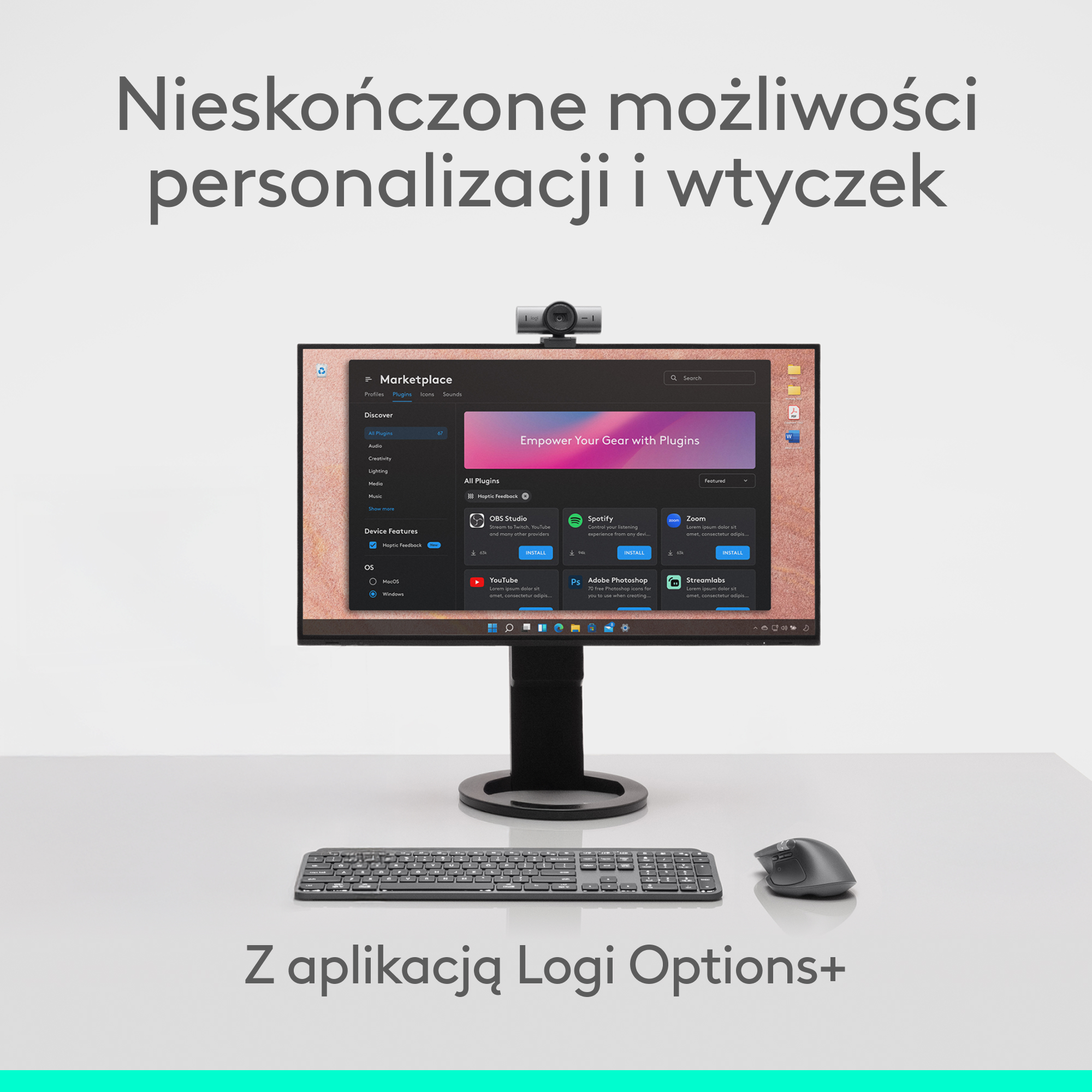 Konfiguracja komputera z monitorem wyświetlającym rynek wtyczek, klawiaturą, myszą i kamerą internetową.