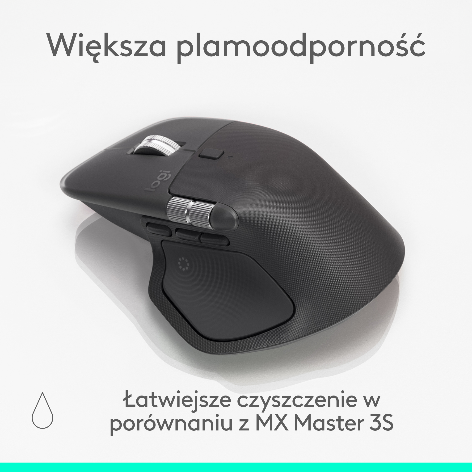 Czarna mysz komputerowa na białej powierzchni. Tekst: 'Łatwiejsze czyszczenie w porównaniu do MX Master 3S'.