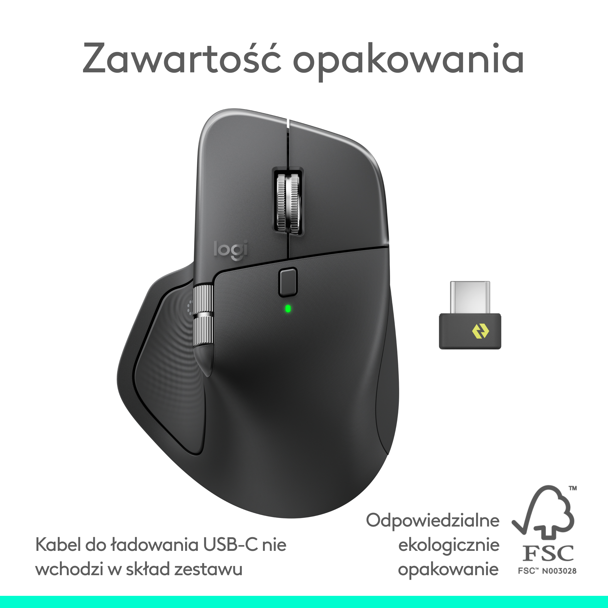 Czarna mysz Logitech z odbiornikiem USB i tekstem po polsku. Opakowanie jest ekologiczne.
