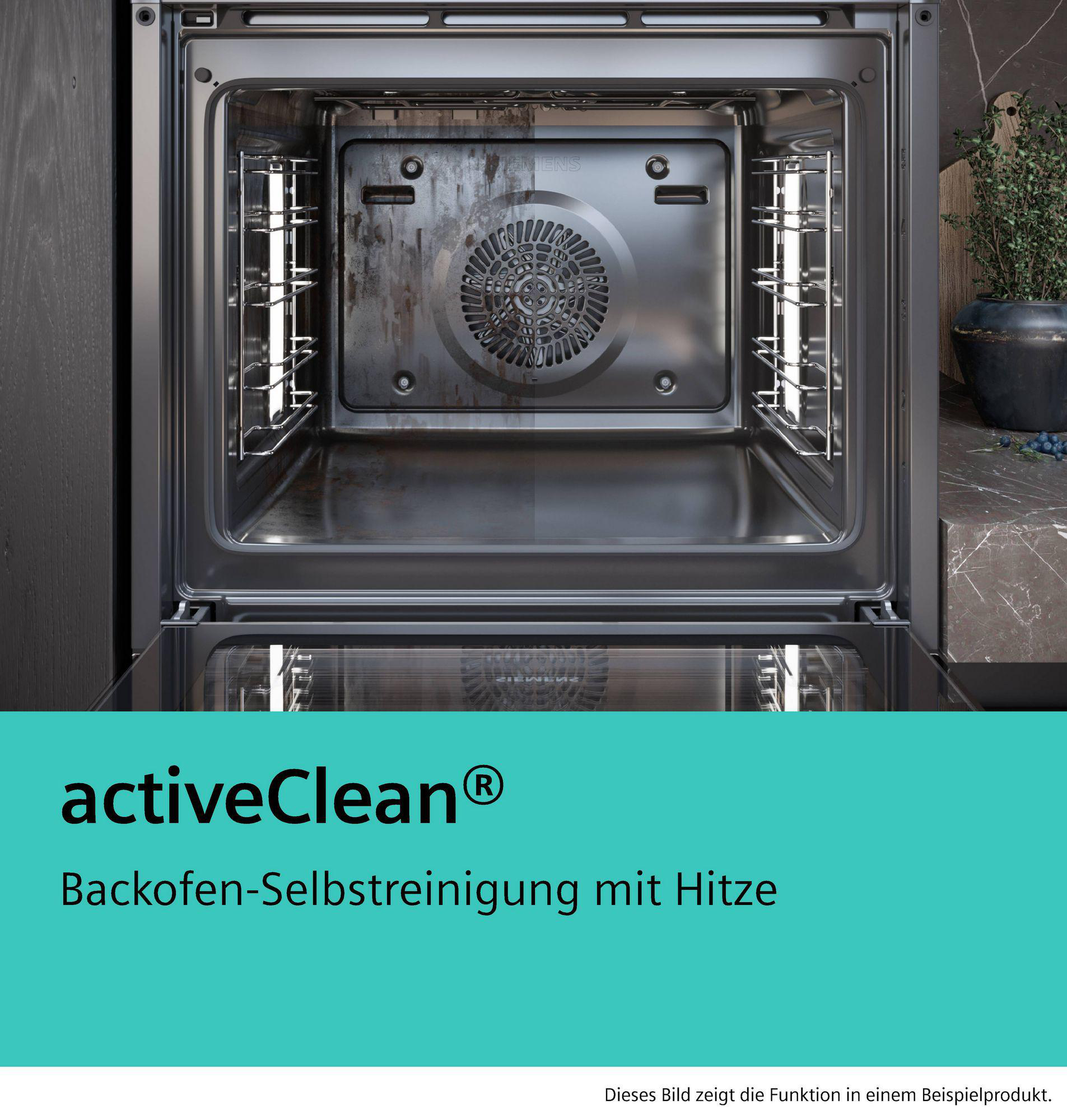 Ein offener Backofen, der innen schmutzig (links) und sauber (rechts) zeigt, mit Text zur Selbstreinigung.