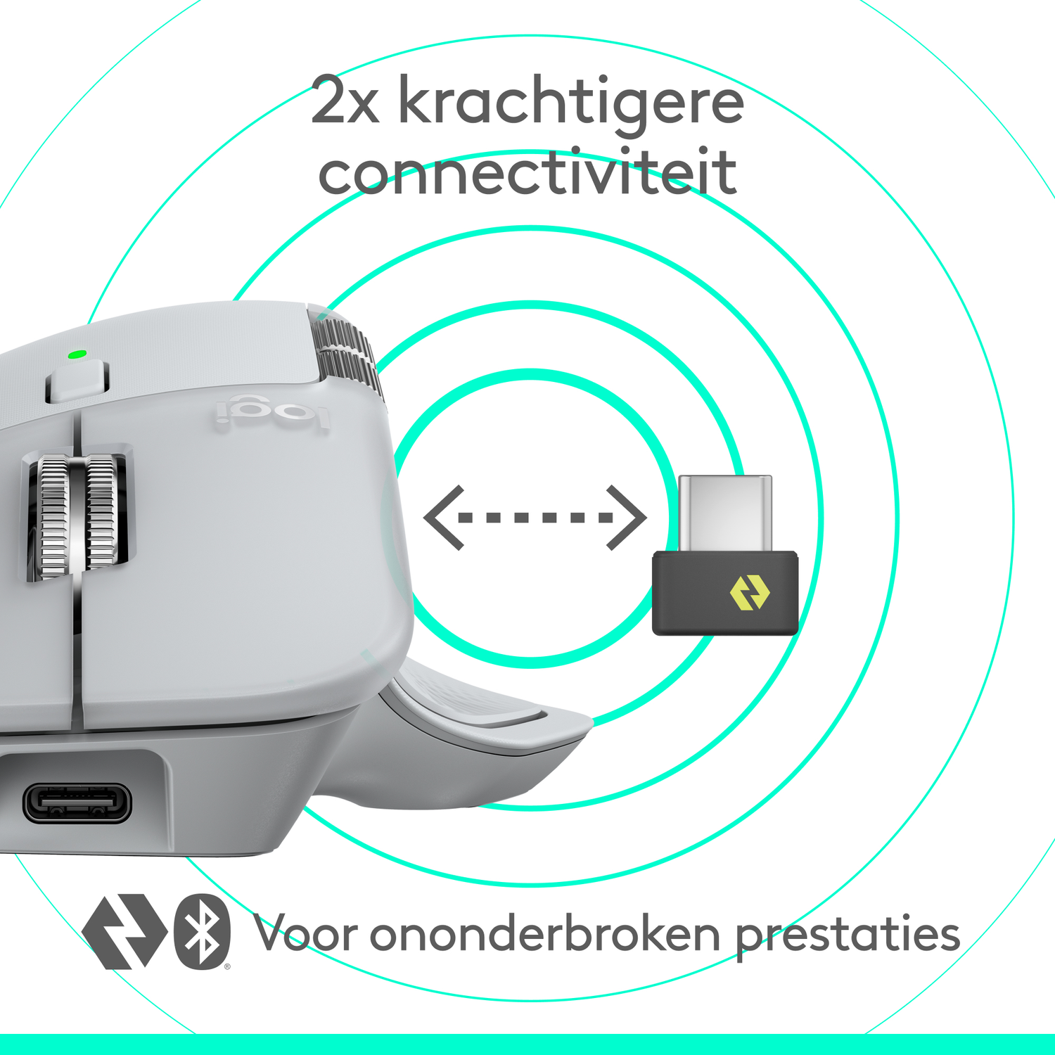 A white Logitech mouse with a black USB receiver. Text reads: 2x stronger connectivity, for uninterrupted performance.