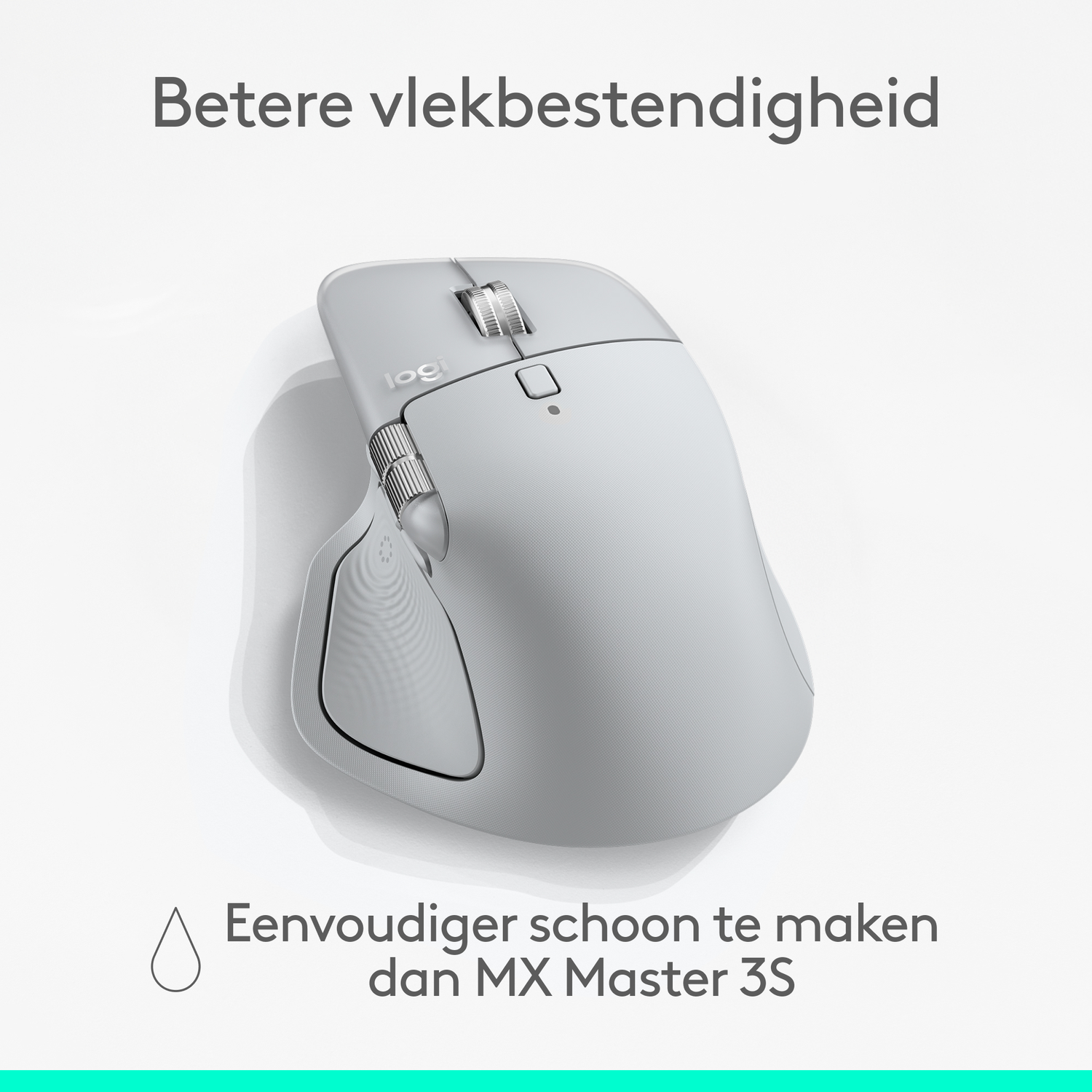 A light gray Logitech MX Master 3S mouse on white background. Text above reads 'Better stain resistance'. Bottom text: 'Easier to clean'.