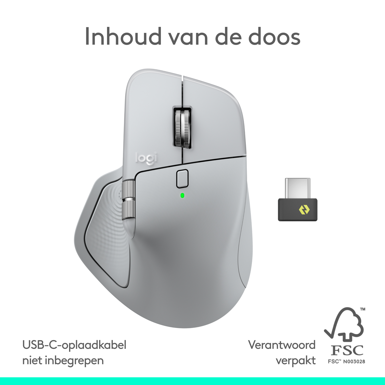 A light gray Logitech mouse with a dongle. Text reads 'Inhoud van de doos', 'USB-C-oplaadkabel niet inbegrepen', and 'Verantwoord verpakt'.