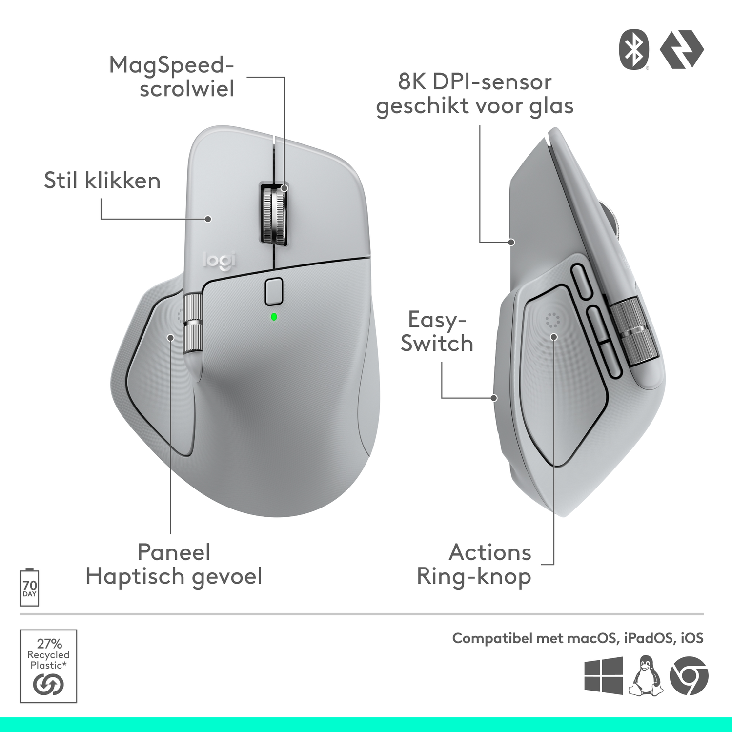 A light grey Logitech MX Master 3S mouse. Features include a scroll wheel, side buttons, and a '70 day' battery life indicator.