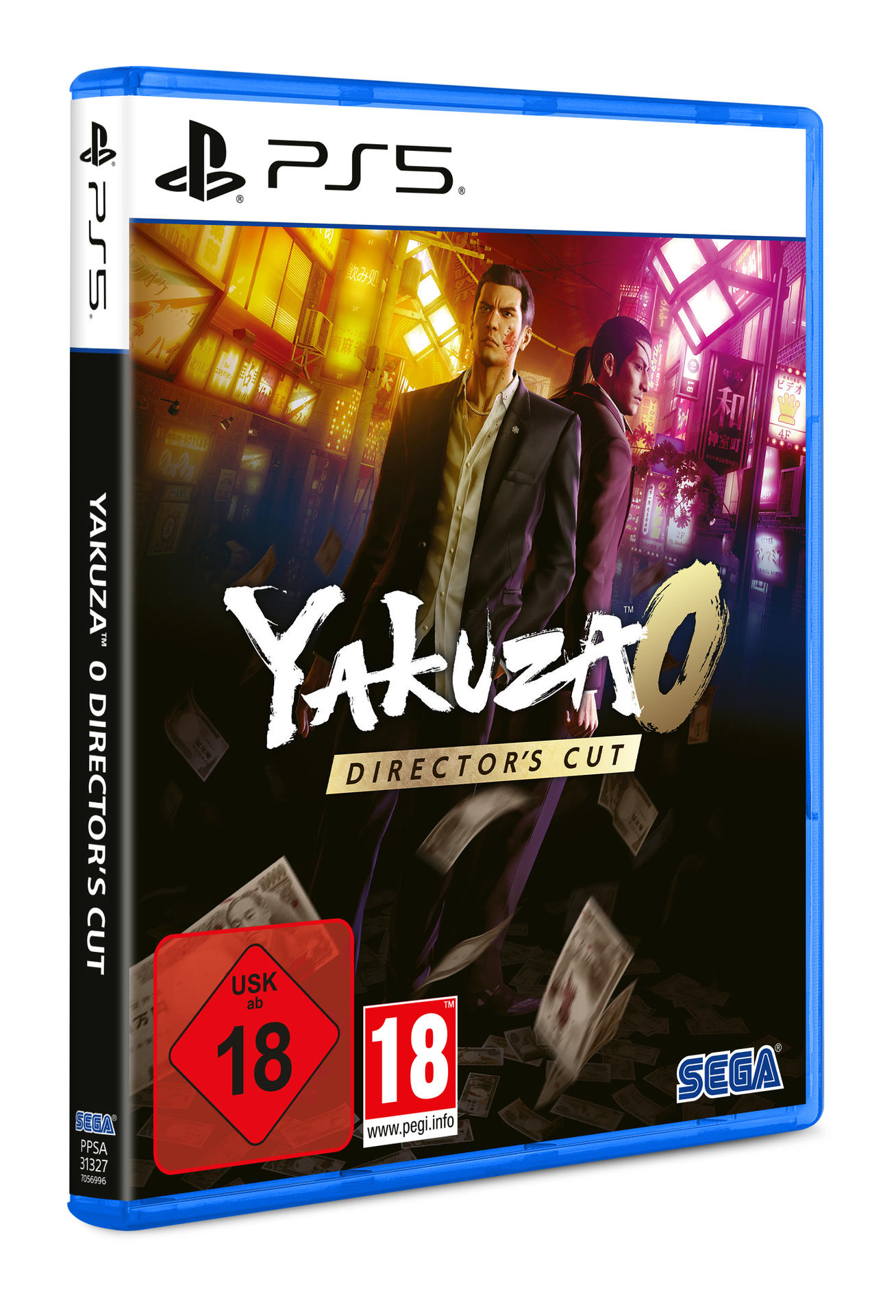 Yakuza 0 Director's Cut PS5-Spielcover. Zwei Männer vor Stadt, Geld fällt. Bewertung: 18.