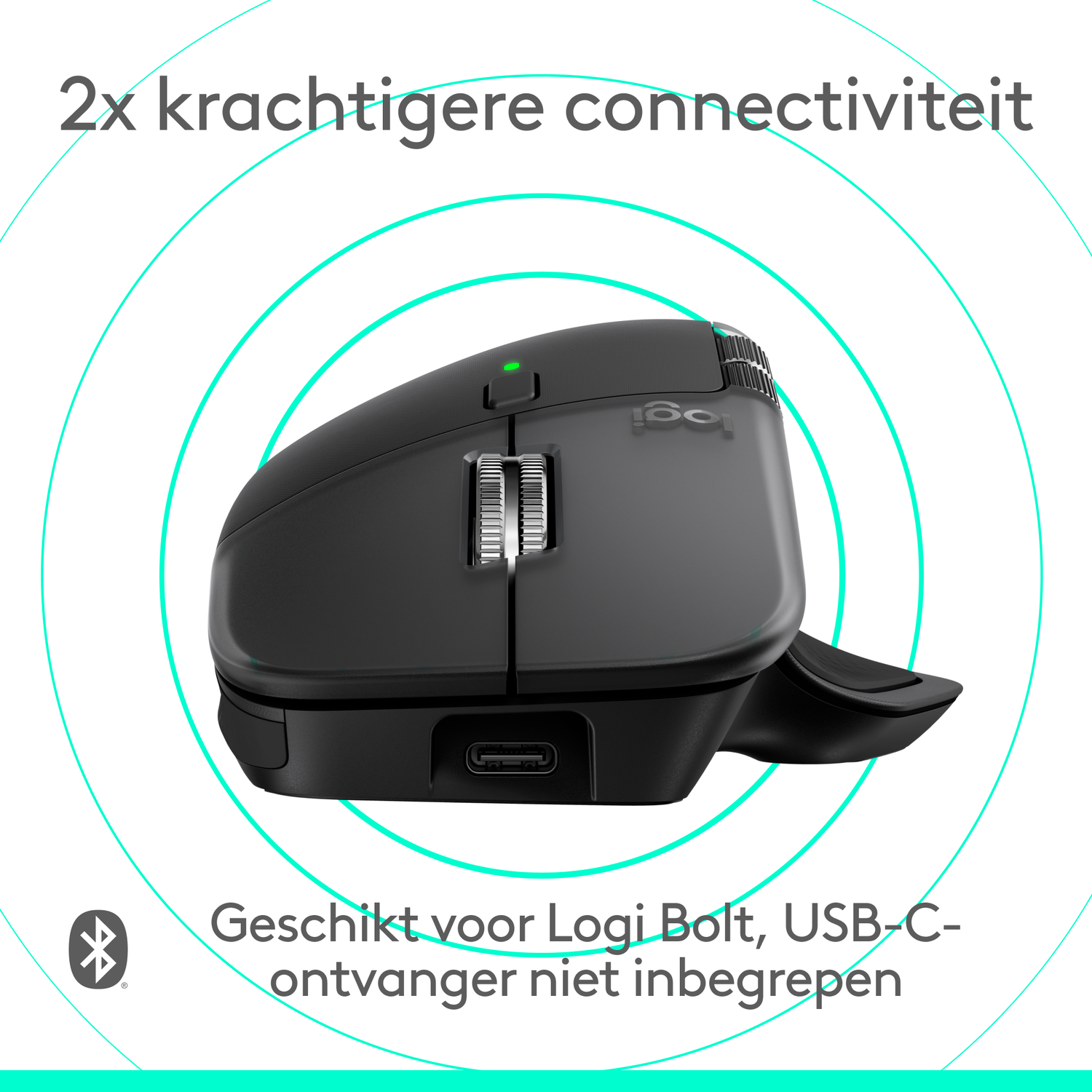 A black Logitech mouse with green light, text: 2x stronger connectivity, suitable for Logi Bolt, USB-C receiver not included.