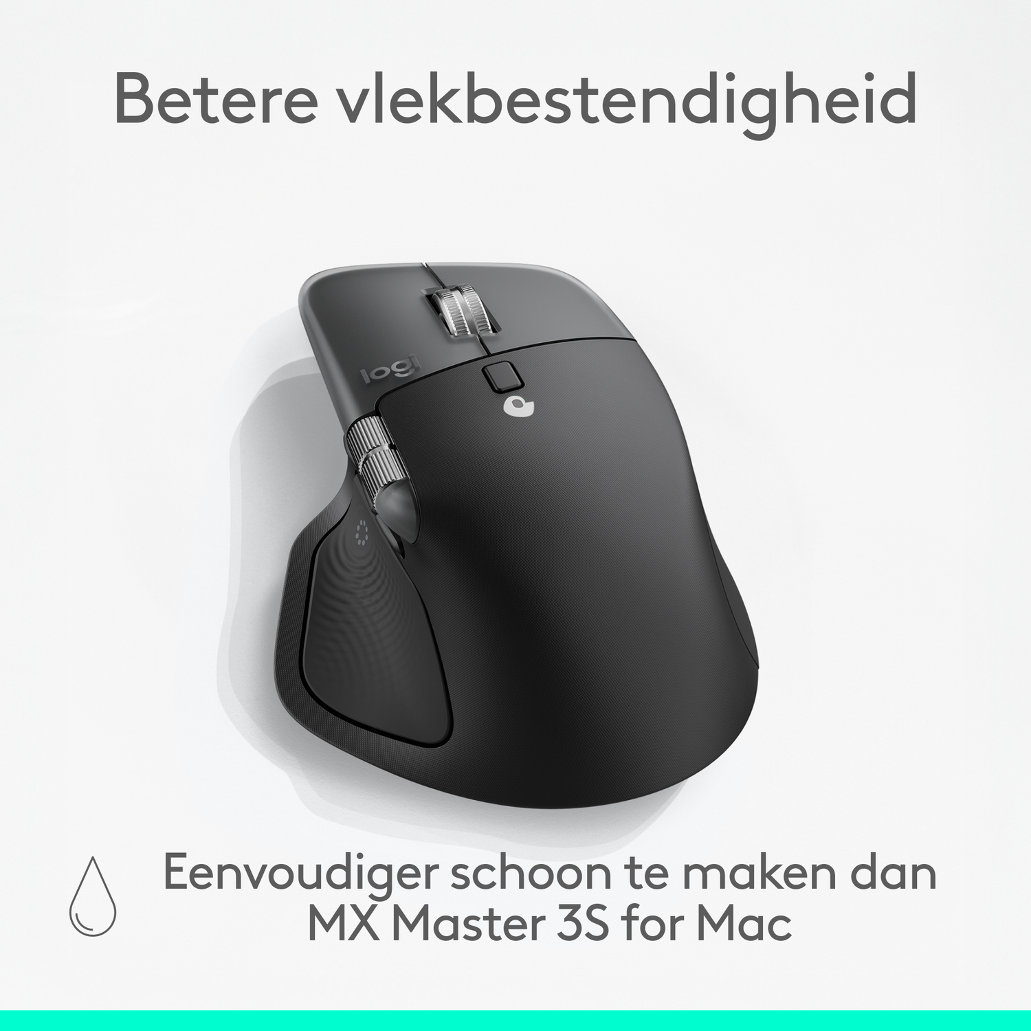 A black Logitech MX Master 3S mouse. Text at the top says 'Better stain resistance'. Text at the bottom says 'Easier to clean than'.