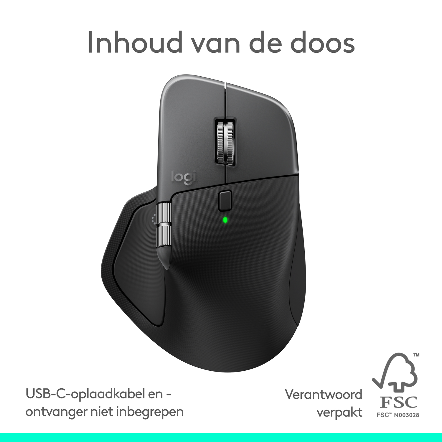 A black Logitech mouse with a scroll wheel, side buttons, and a green light. Text reads 'Inhoud van de doos'.