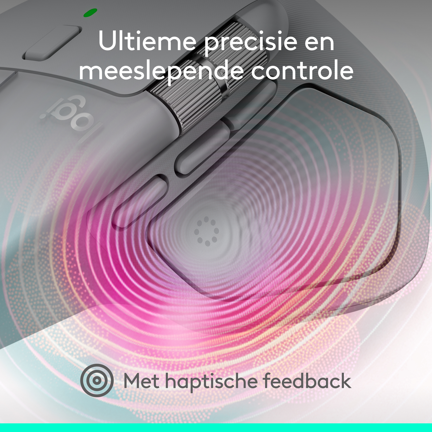 A gray computer mouse with a pink circular design. Text says 'Ultimate precision and immersive control'. The mouse has haptic feedback.