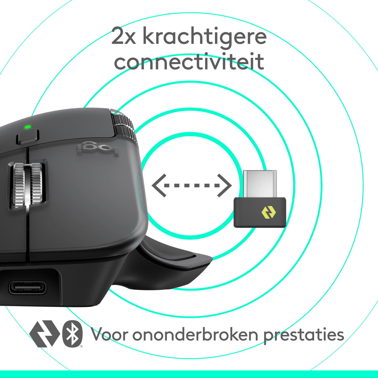 A black Logitech mouse with a receiver, and a graphic showing signal strength. Text states '2x stronger connectivity'.