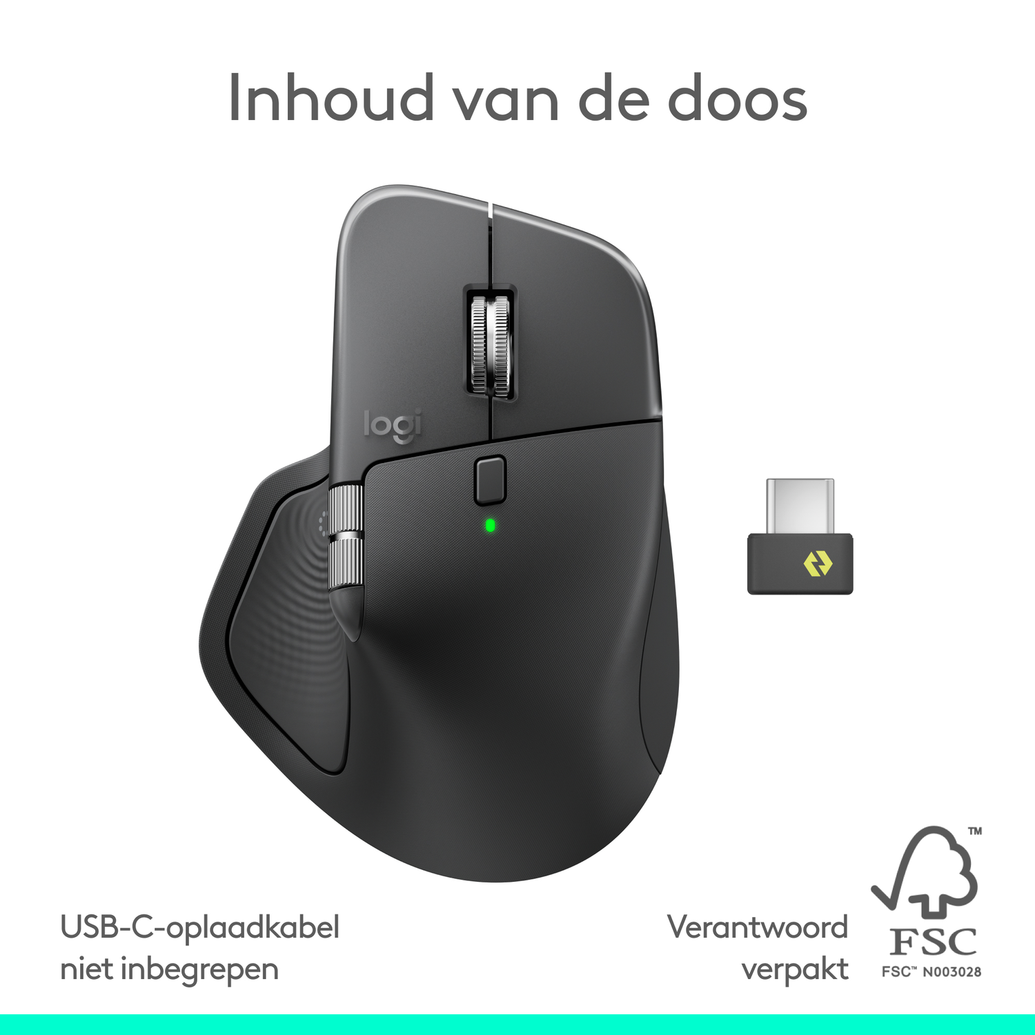 A black Logitech mouse with a small USB receiver, USB-C cable not included. Text: Inhoud van de doos, Verantwoord verpakt, FSC logo.