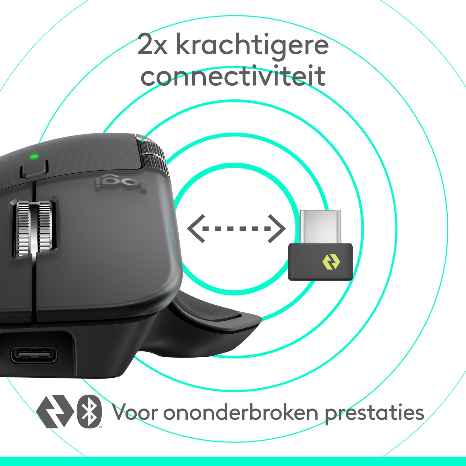 A black Logitech mouse next to a USB receiver. Text says '2x stronger connectivity' and 'For uninterrupted performance'.