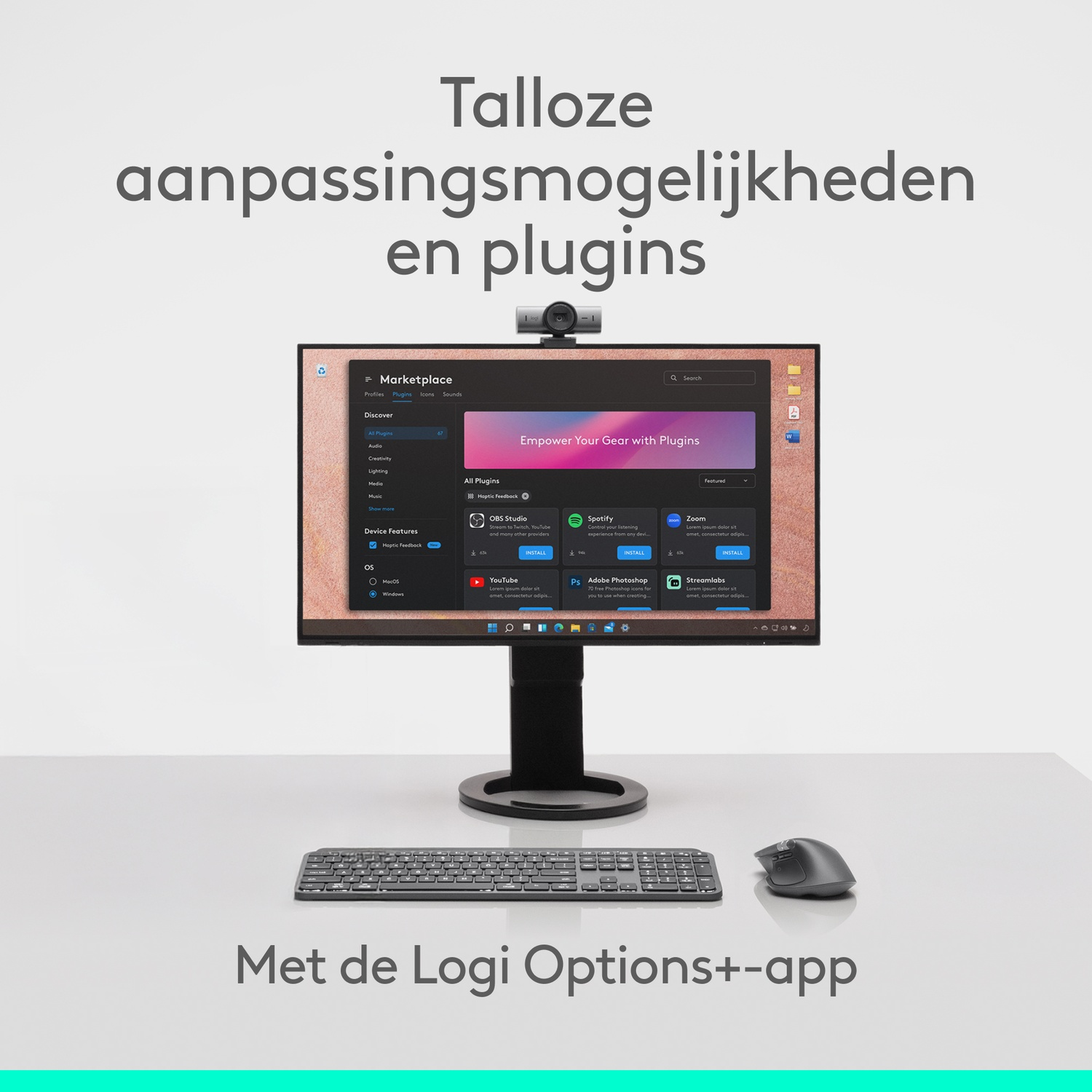 A monitor displays a marketplace with plugins. Below it, a keyboard and mouse are on a desk. Text says 'Talloze aanpassingsmogelijkheden'.