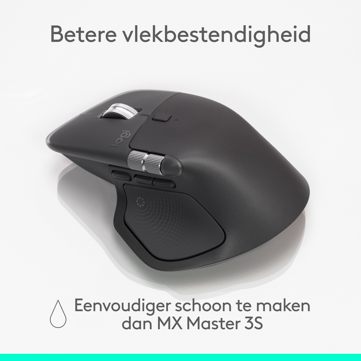 Black Logitech MX Master 3S mouse on white background. Text says: Better stain resistance and easier to clean than MX Master 3S.