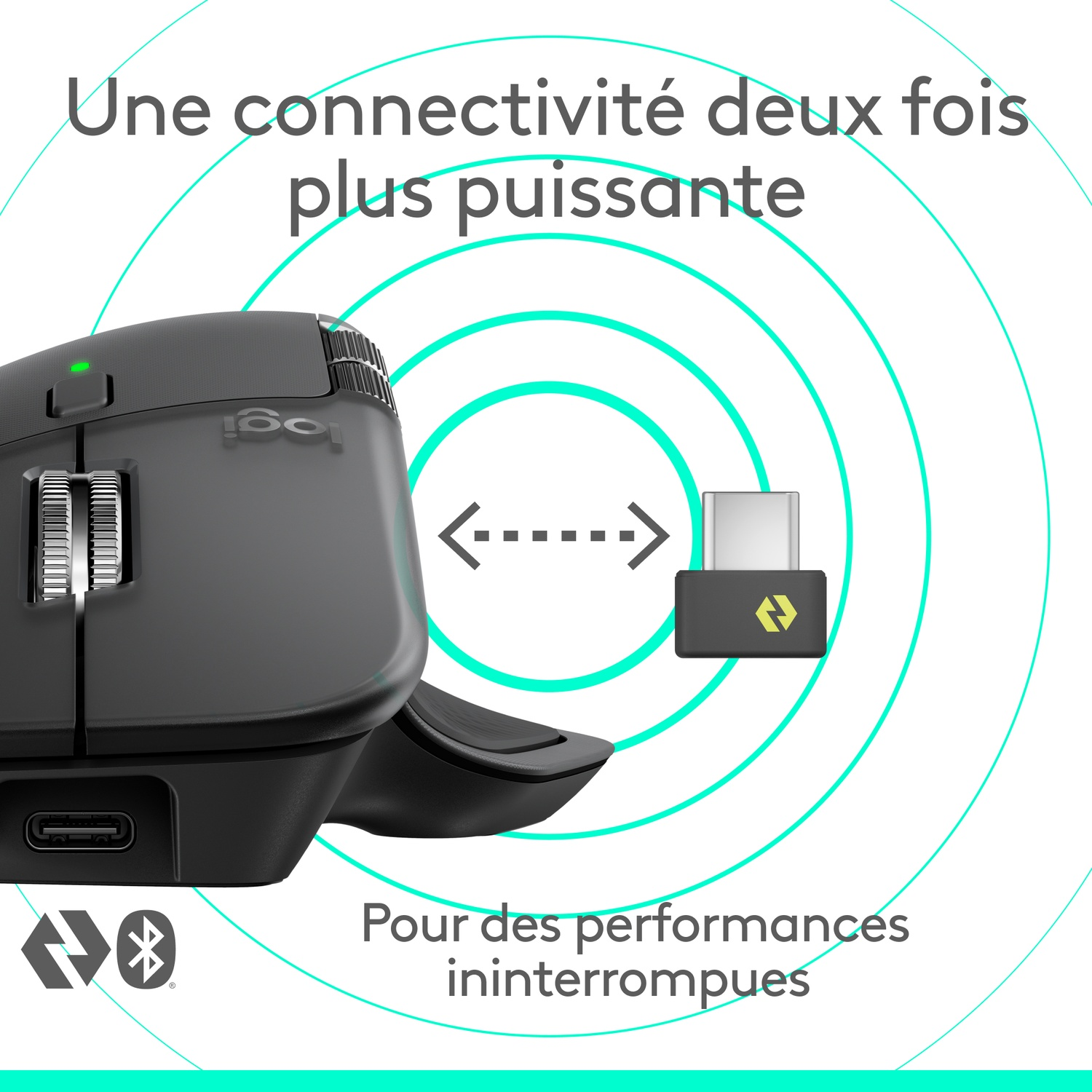 Une souris Logitech noire et un récepteur USB. L'image illustre la connectivité avec un graphique circulaire vert et du texte français.