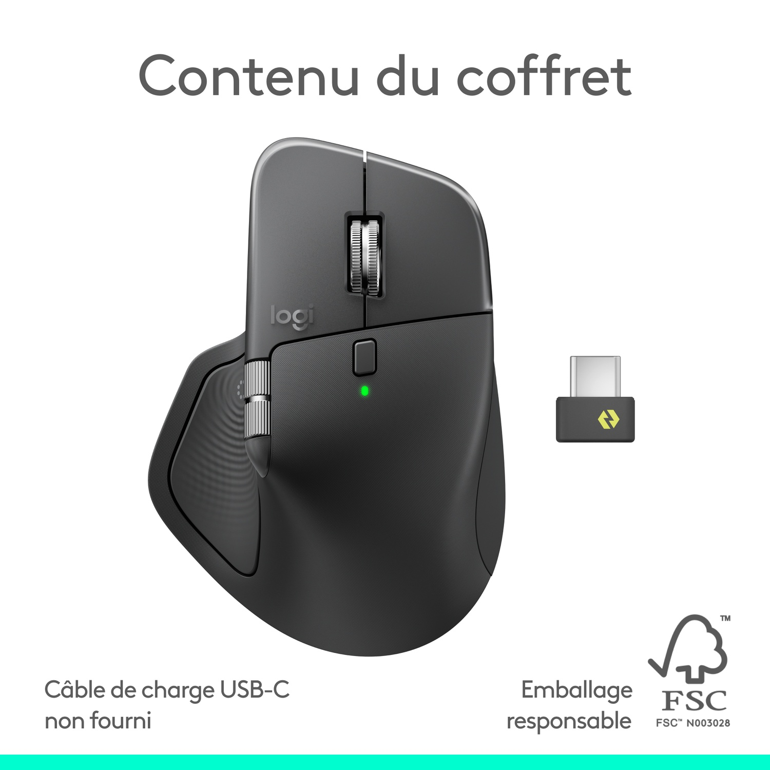 Une souris Logitech noire avec un récepteur USB. Texte: 'Contenu du coffret'. Câble de charge USB-C non inclus. Logo FSC présent.