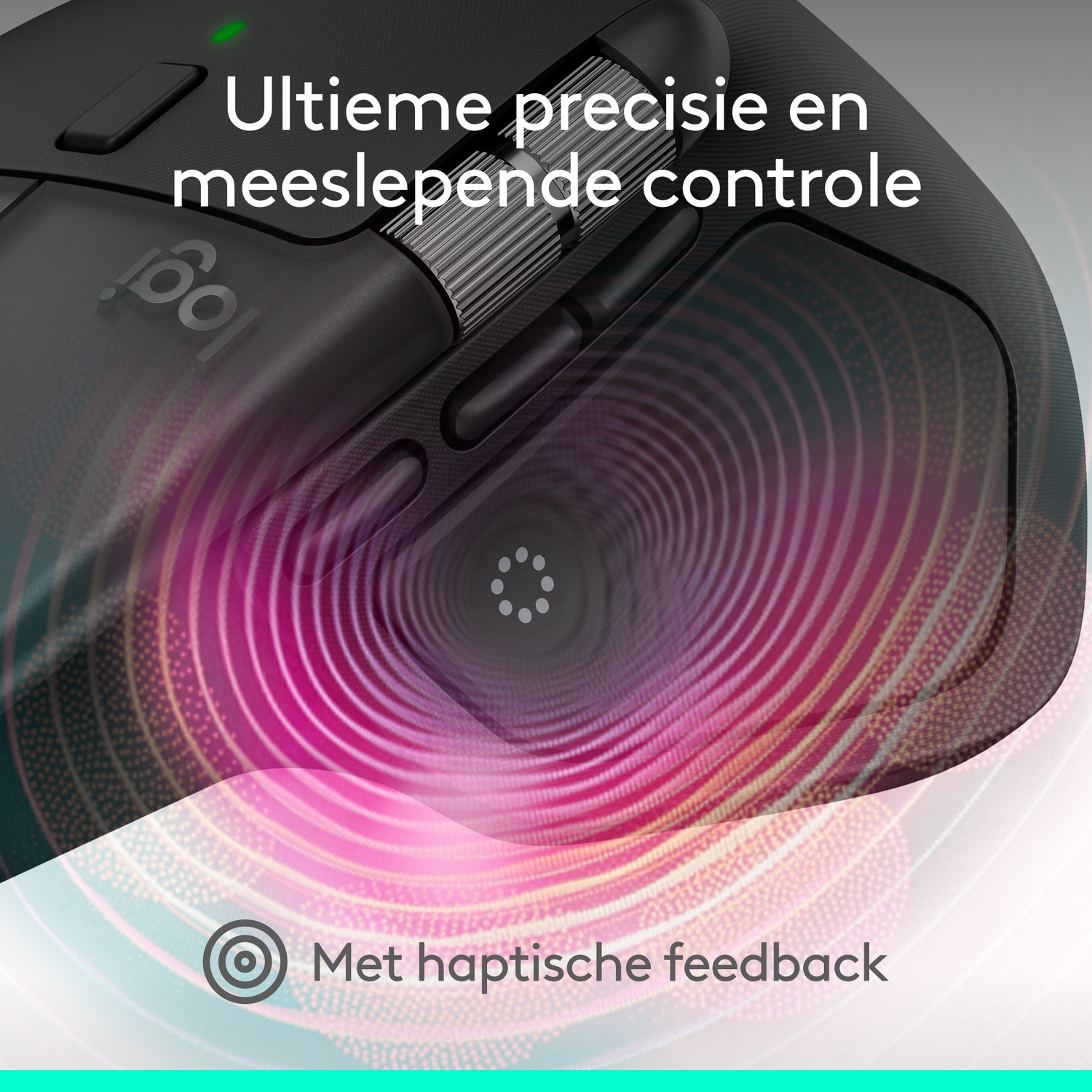 Close-up of a black mouse with a scrolling wheel and the Logitech logo. The mouse has a textured surface and pink light effect.