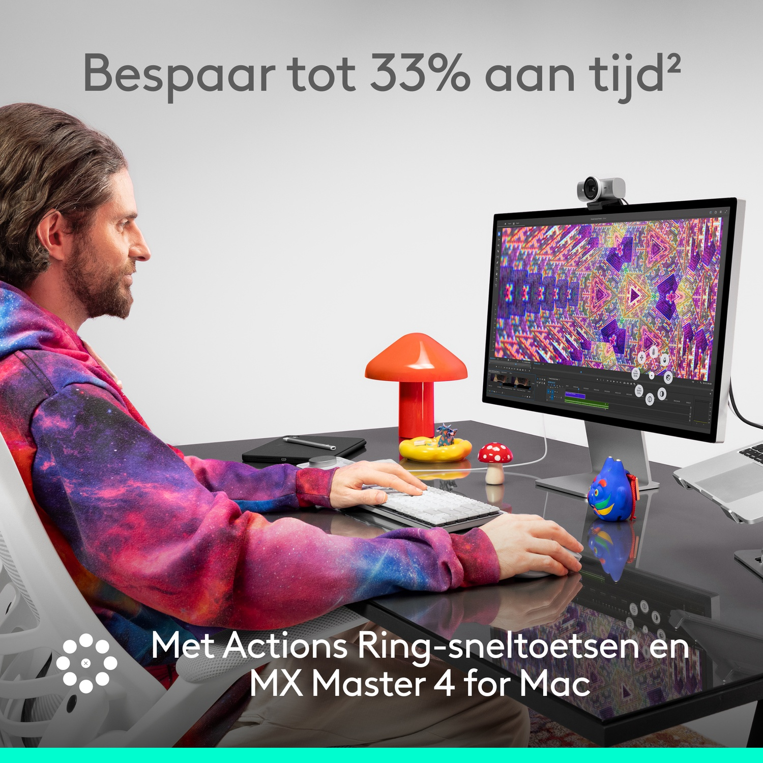 Man using computer with colorful hoodie. Desk has monitor, keyboard, mouse, and accessories. Text reads: save time with MX Master 4.