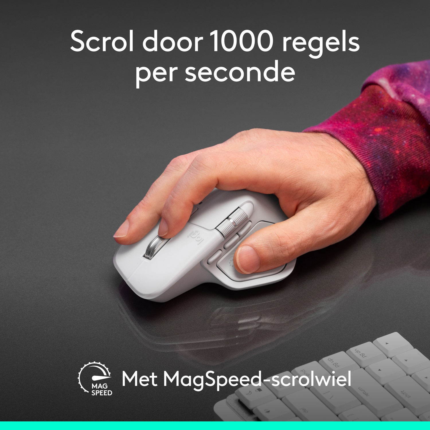 A hand holds a white mouse on a dark surface. Text above says 'Scroll through 1000 lines per second'. Keyboard is in the background.