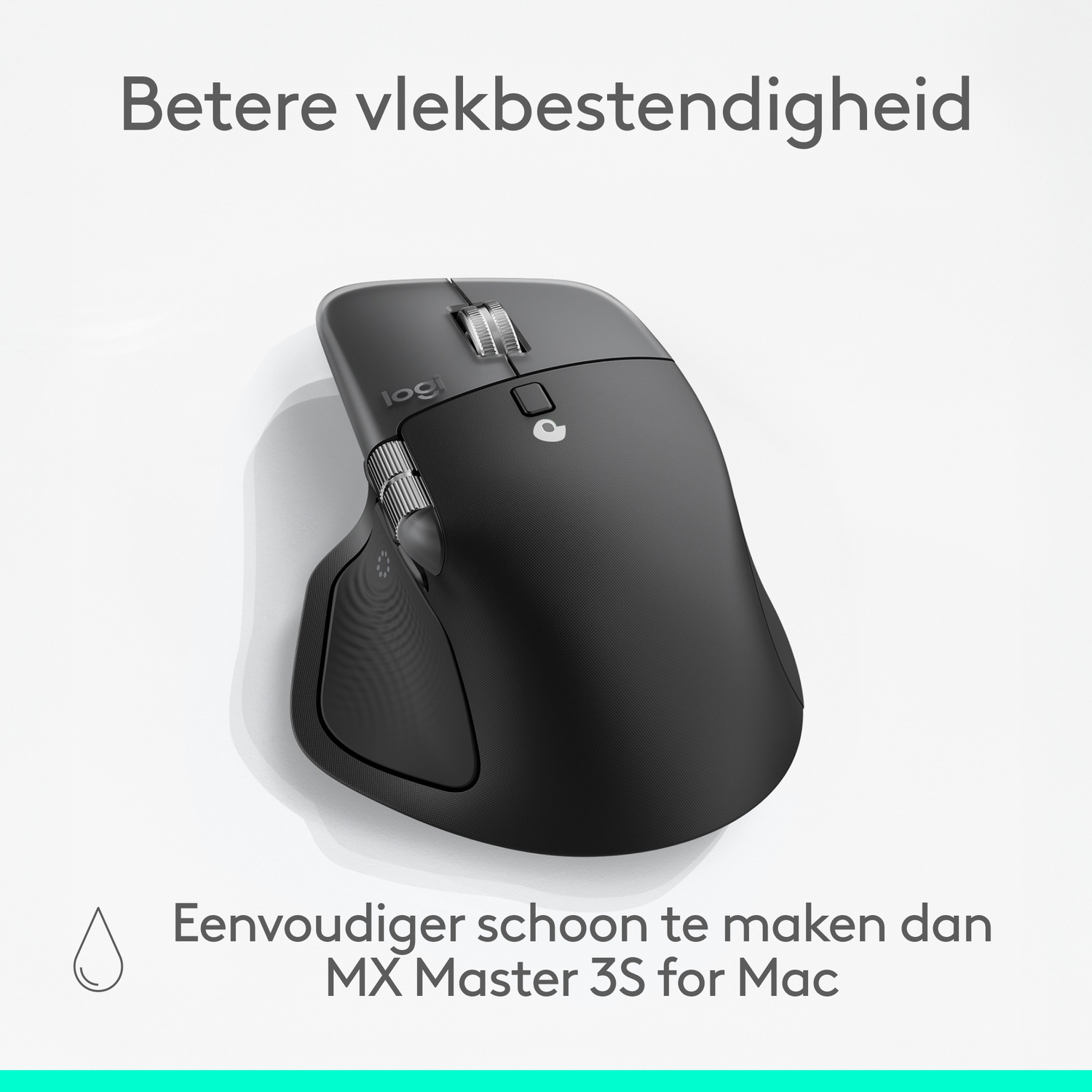 A black Logitech mouse. It has a scroll wheel, and several buttons. Text at the top says 'Better stain resistance'. 