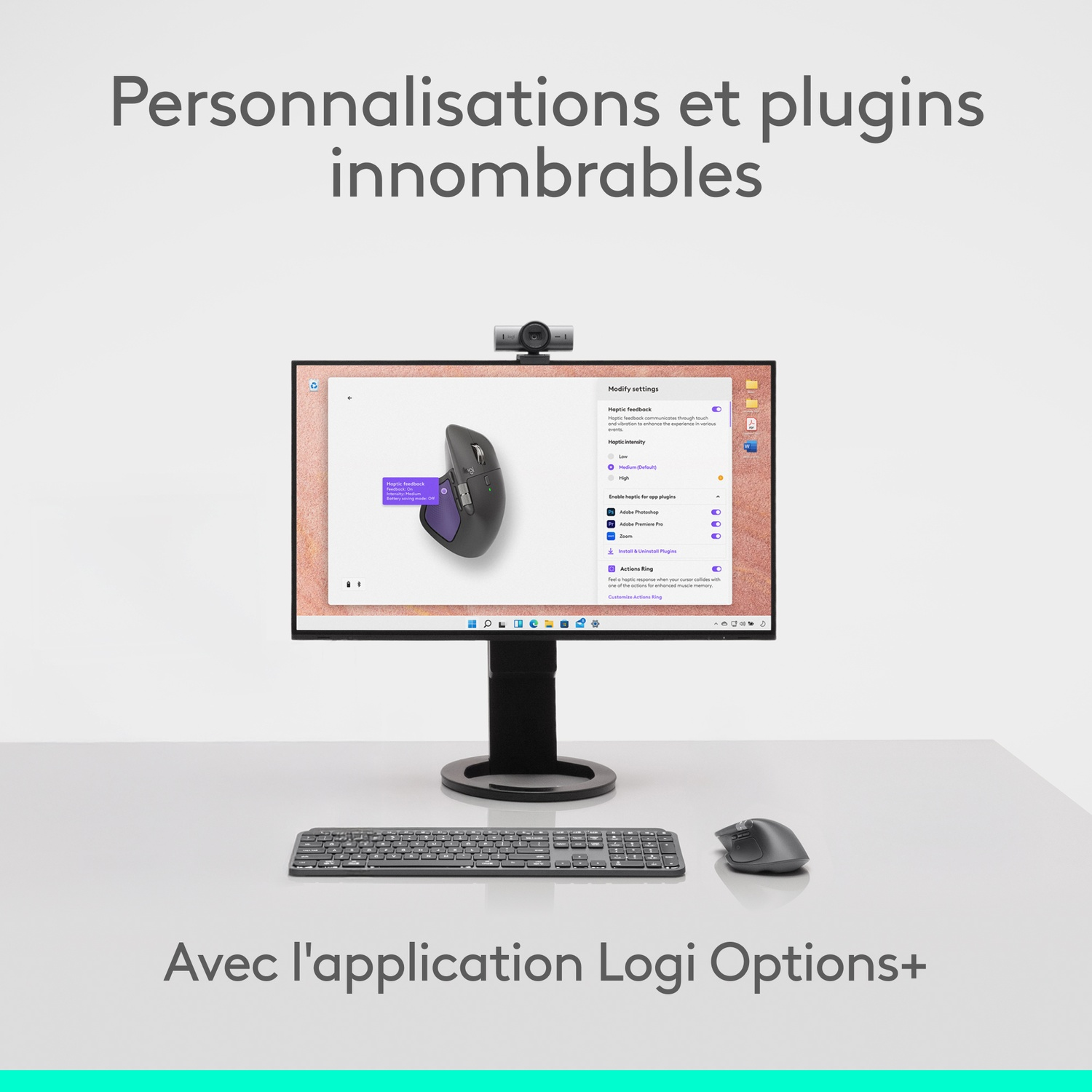 Configuration informatique avec moniteur, webcam, clavier et souris. L'écran affiche les paramètres. Texte en haut : 'Personnalisations et plugins'.