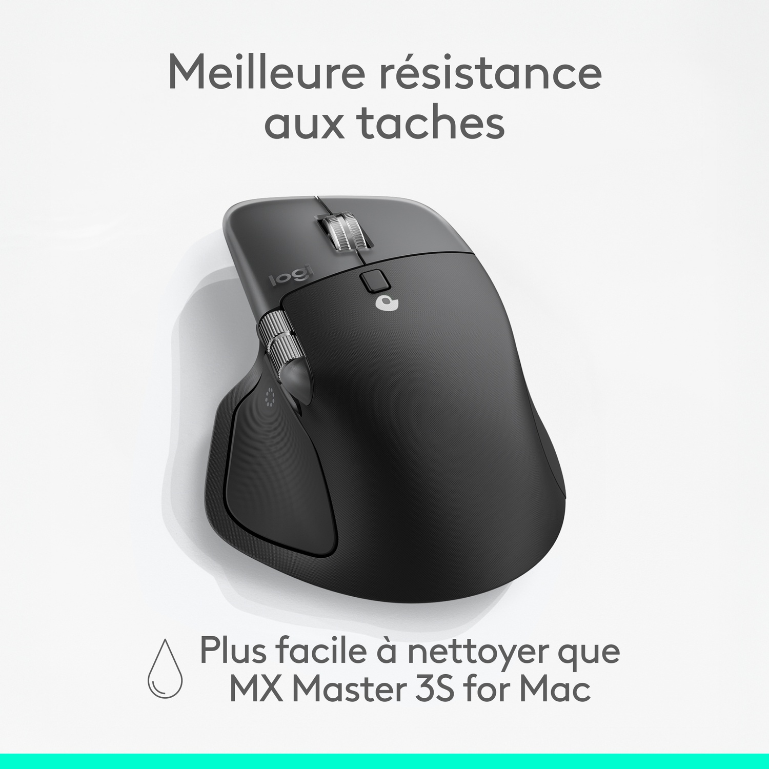 Une souris Logitech MX Master 3S noire sur fond blanc. Le texte français indique une meilleure résistance aux taches et une facilité de nettoyage.
