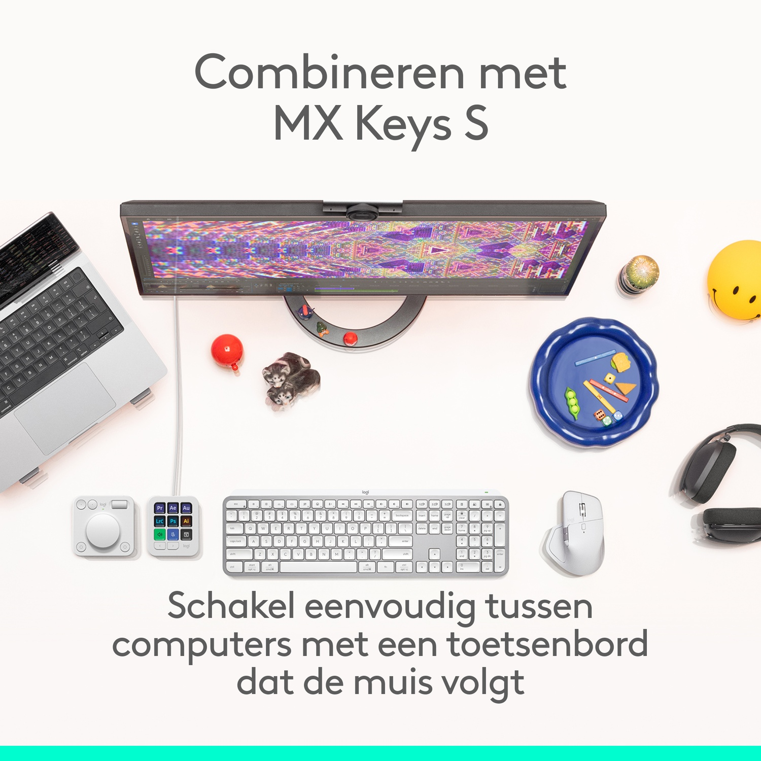 A top-down shot features a laptop, keyboard, mouse, and other accessories on a white surface. Text in Dutch is present.