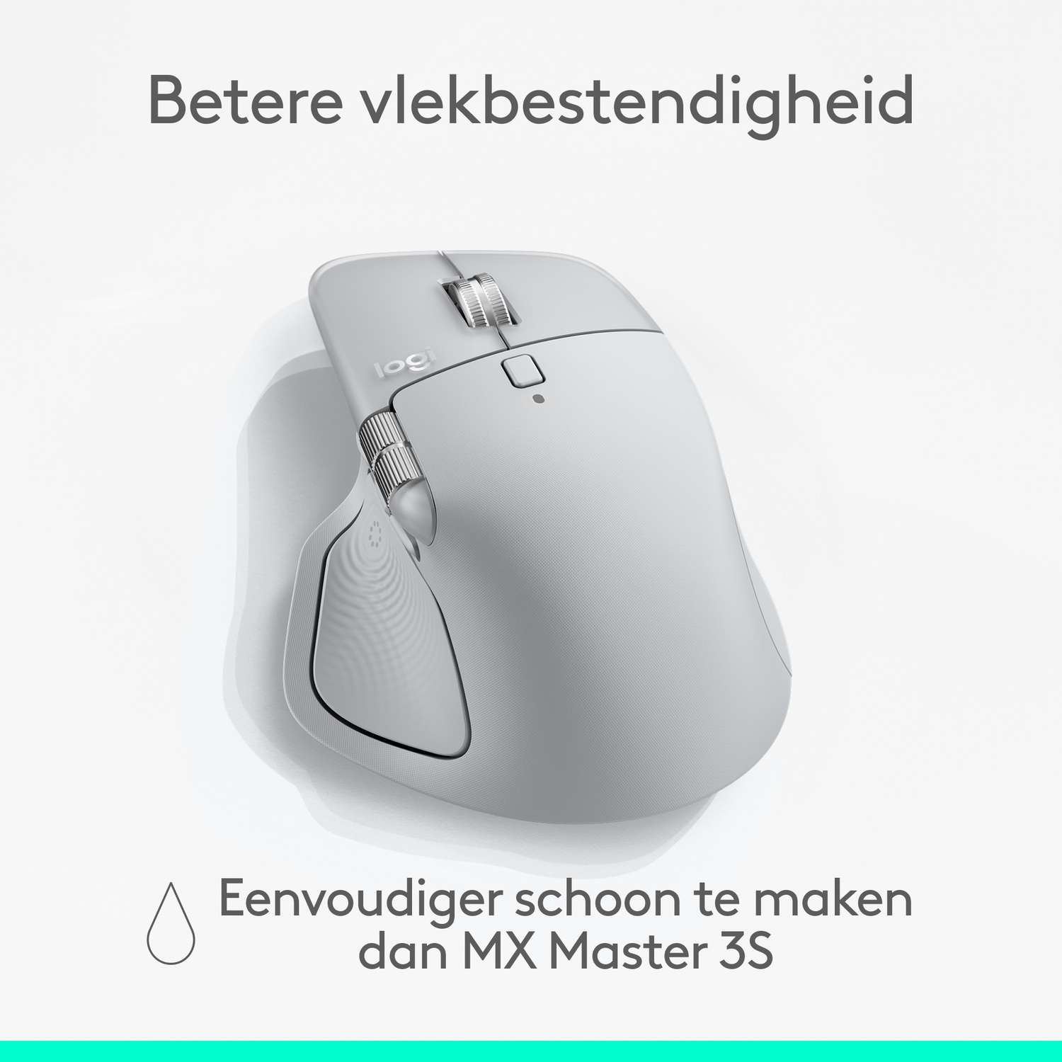A light gray Logitech MX Master 3S mouse on a white background. Text reads 'Better stain resistance'. Text below: 'Easier to clean'.