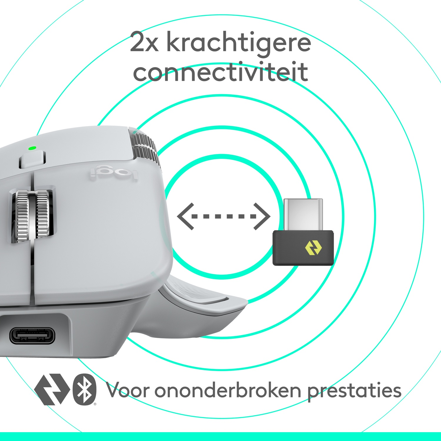 A white mouse with a USB receiver, connected by concentric green circles, text in Dutch, and a Bluetooth symbol.