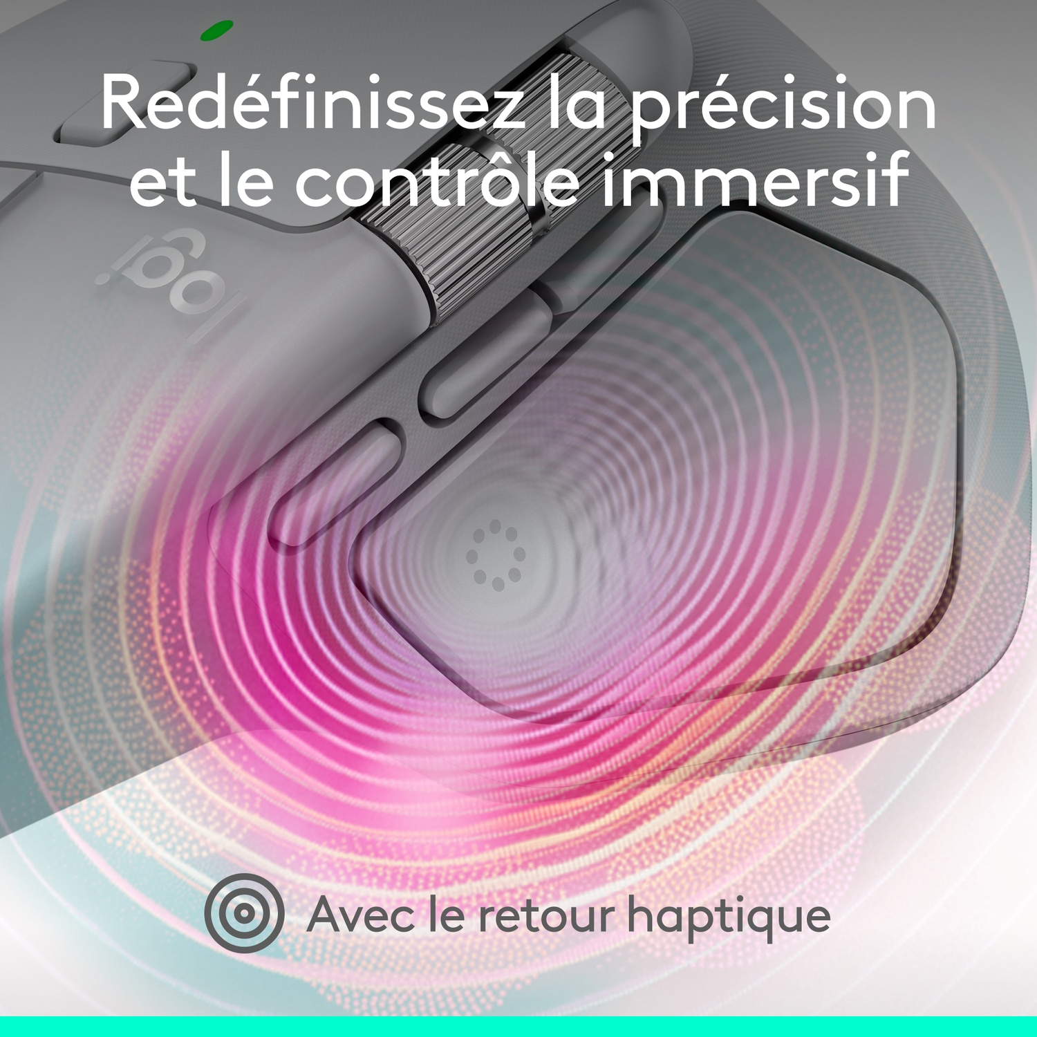 Une souris Logitech grise avec un design circulaire. Des cercles concentriques roses et blancs créent un fond. Le texte dit 'Redefinez la precision'.