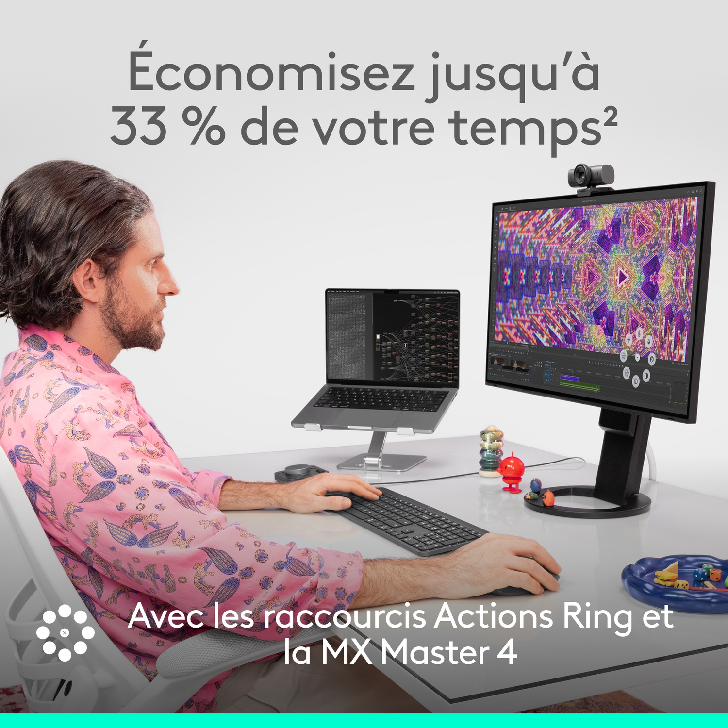 Homme au bureau, utilisant clavier et souris, avec moniteur et ordinateur portable. Texte dit 'Gagnez du temps'. Chemise rose. Bureau coloré.