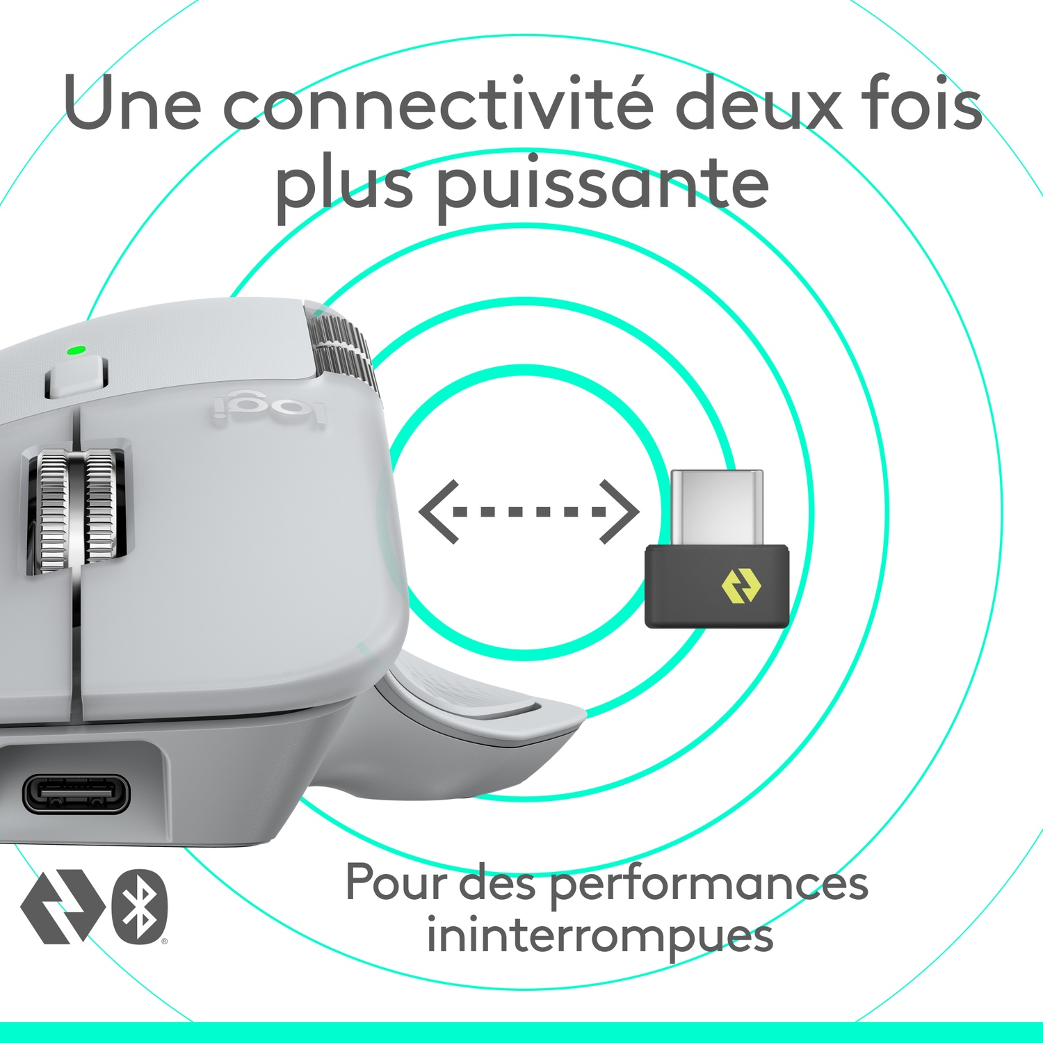 Une souris d'ordinateur et un récepteur sont affichés. Le graphique montre une connexion forte. Le texte dit 'Connectivité plus puissante'.