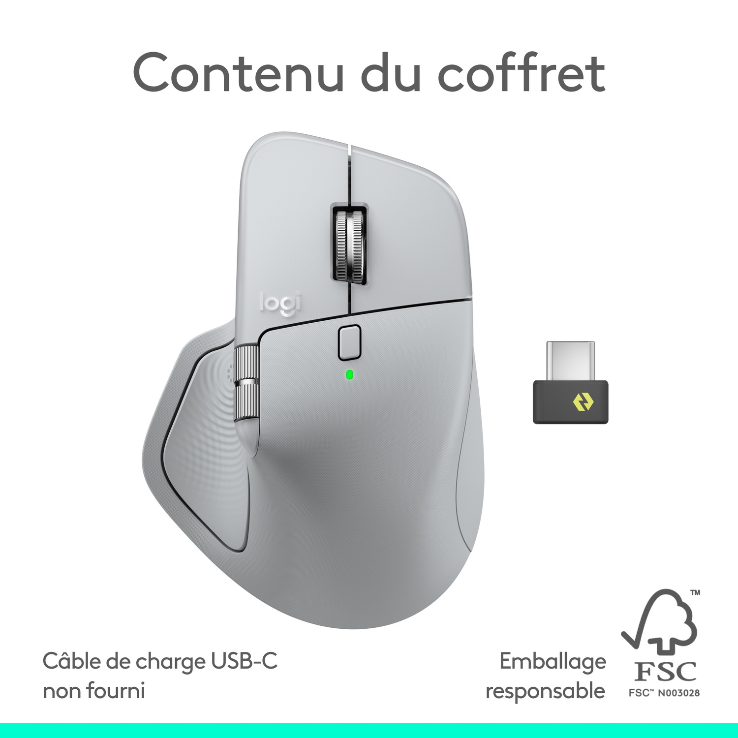 Image shows a Logitech mouse, a USB-C cable, and a USB receiver. Text indicates the cable is not included.